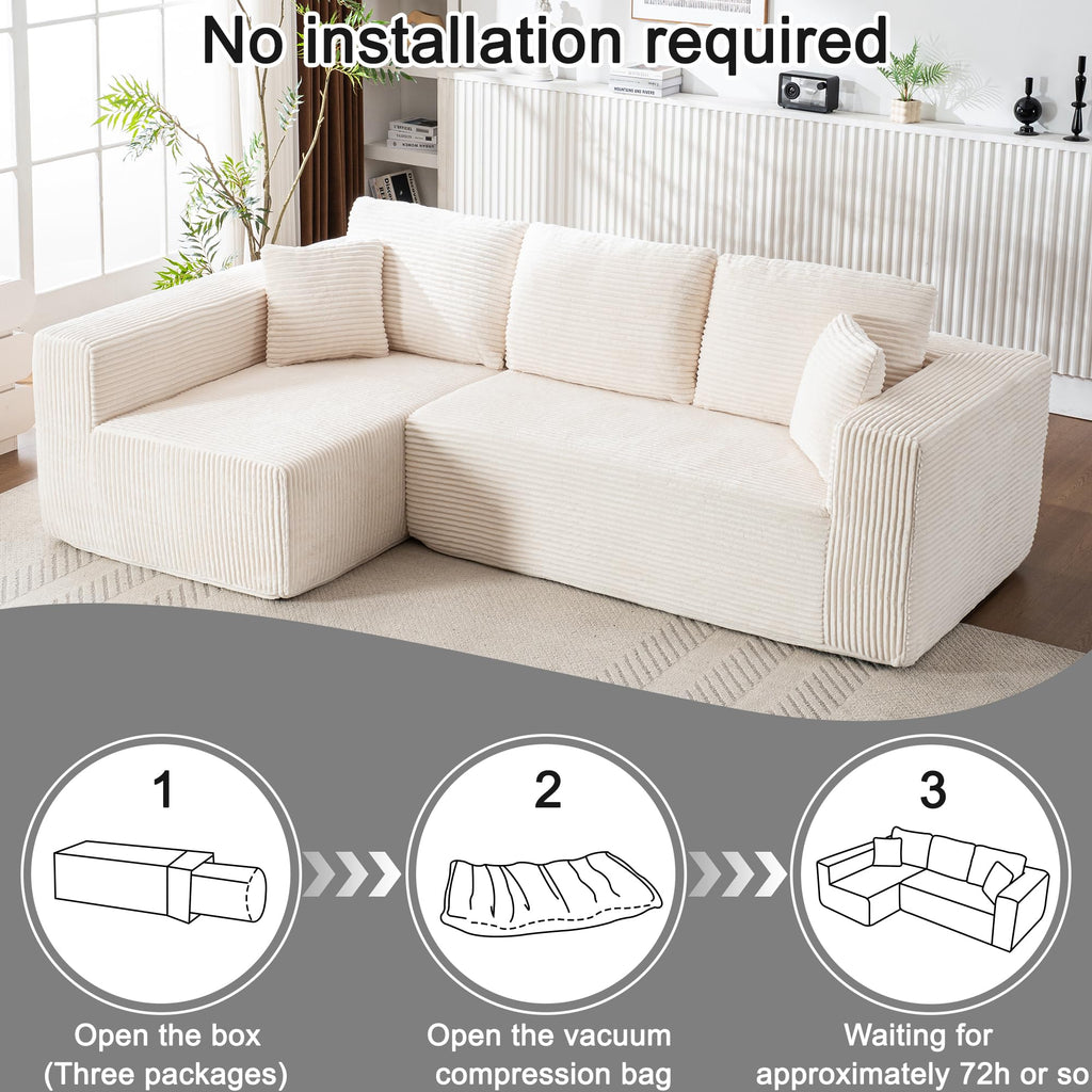 Living Room Wide Armchair Sofa, Modern Modular Recliner Sofa, L-Shaped Cloud Sofa, No Assembly Required, Corduroy Fabric, Soft and Comfortable (Foam + Gray + Corduroy + 3 Seat)