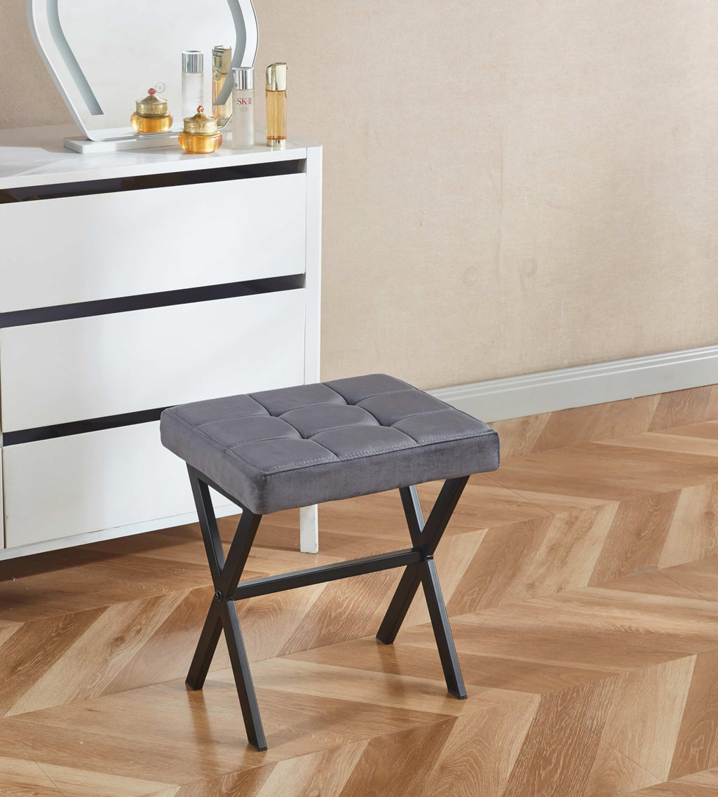 Vanity Stool - Square Faux Leather Makeup Seat with Metal X Legs, Small Ottoman Chair for Makeup Room, Living Room - Modern Padded Foot Rest (Dark Brown)