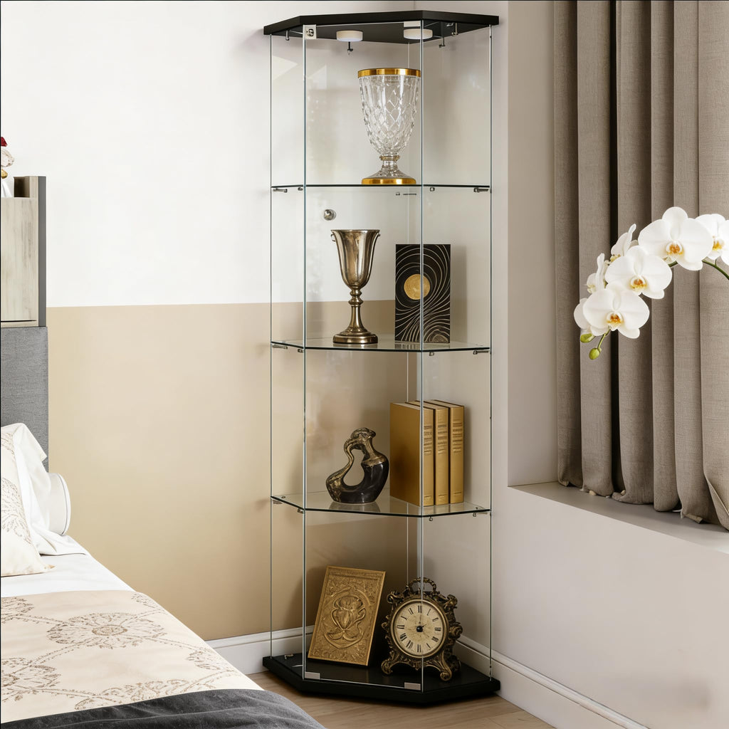 Corner Display Cabinet,Curio Cabinet with Tempered Glass Doors, Wine Bar Cabinet with Lights and Locks,4 Tier Glass Display Case for Living Room,Dining Room,Corridor,Office (Black)