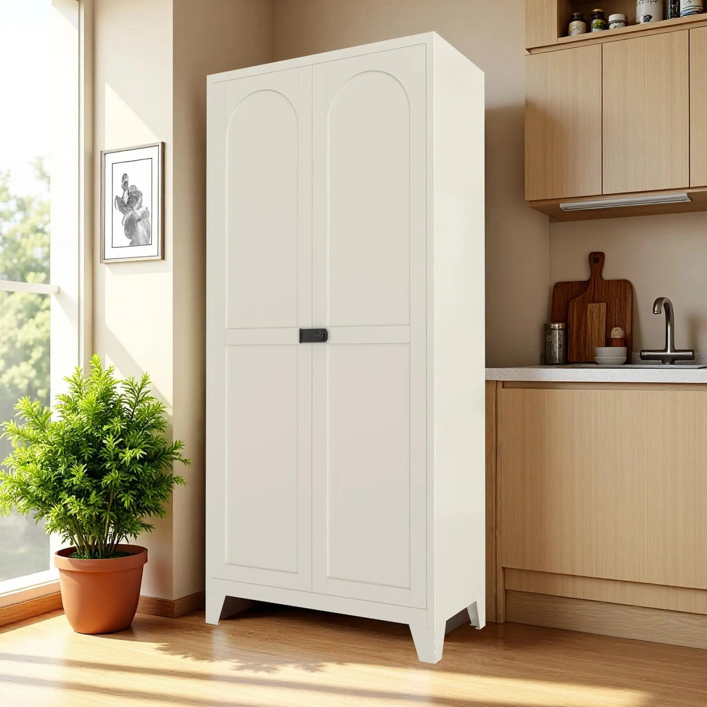 QIHAI Kitchen Pantry Cabinet,71'' 2 Shapely Door Cabinet with Lock, Metal Storage Cabinet with Doors and Adjustable Shelves, forKitchen, Dining Room, Living Room (Cream, 71" Tall) QIHAI