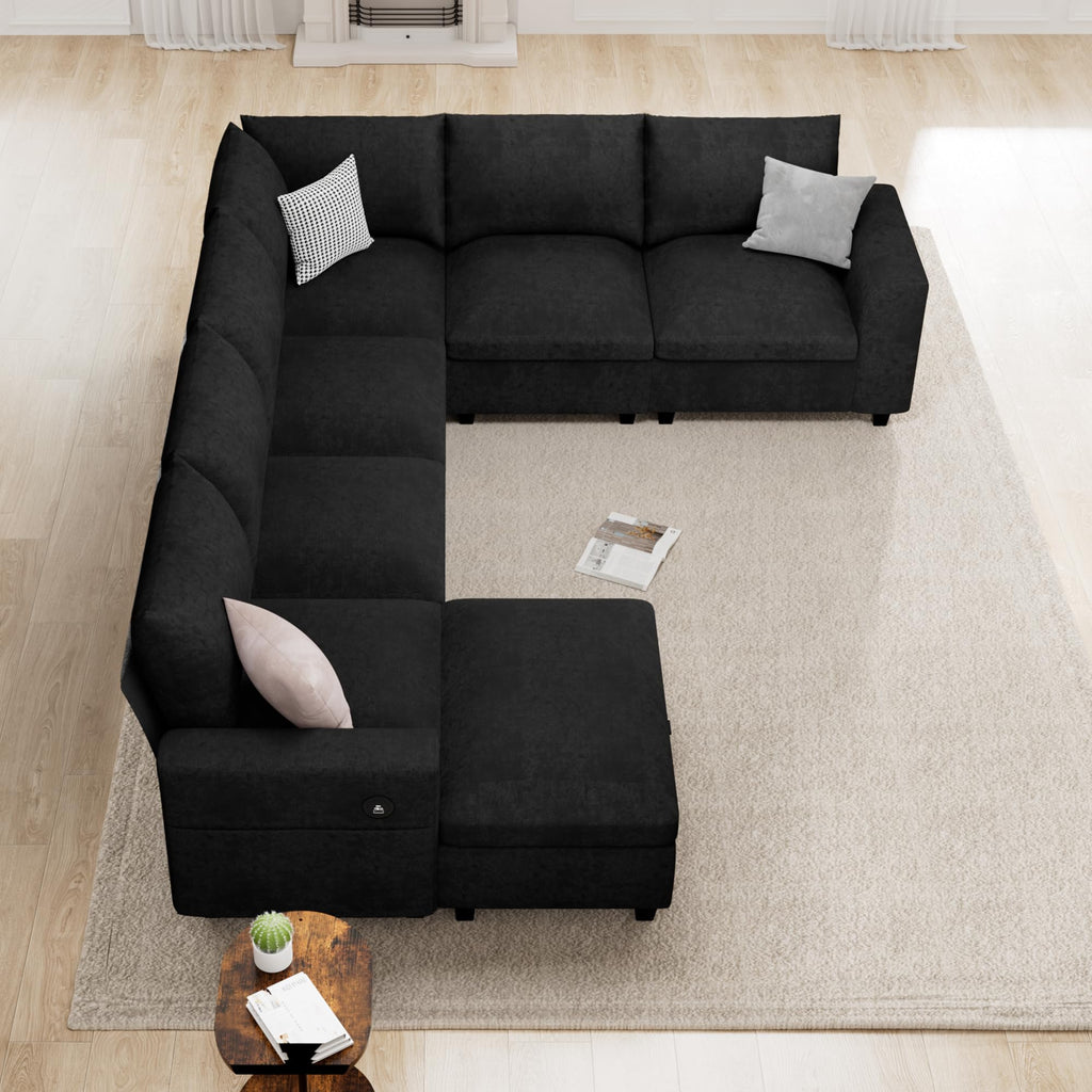 120.1" L Shaped Modular Sectional Sofa, 7 Seater Sectional Sofa with Storage Ottoman, L Shaped Cloud Couch Corner Sofa Oversized Modular Sectional Couch for Living Room (Black)