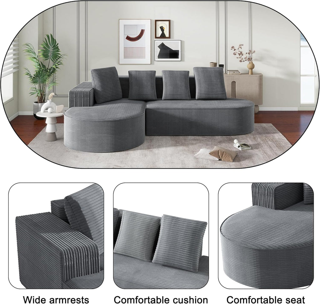 104" Corduroy Sectional Couch, Boneless L Shaped Couch with Deep Seat, Cloud Foam Sofa with Chaise, Sectional Sofa No Assembly Needed for Living Room (Foam + Black + Corduroy + 3 Seat)