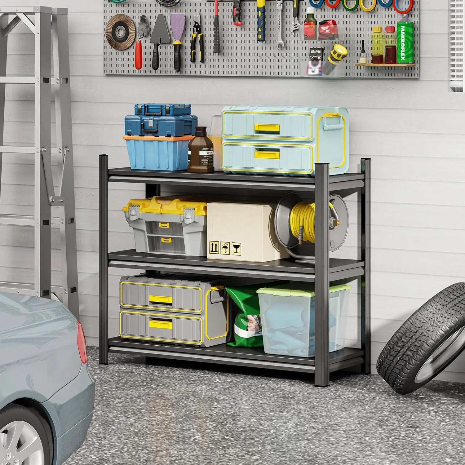 3-Layer Storage Rack, Metal Storage Rack, Adjustable Height Partition, Suitable For Living Room, Kitchen, Supermarket, Garage. Black, Requires Assembly, 31.5" H* 39.37" L * 13.77" D QIHAI