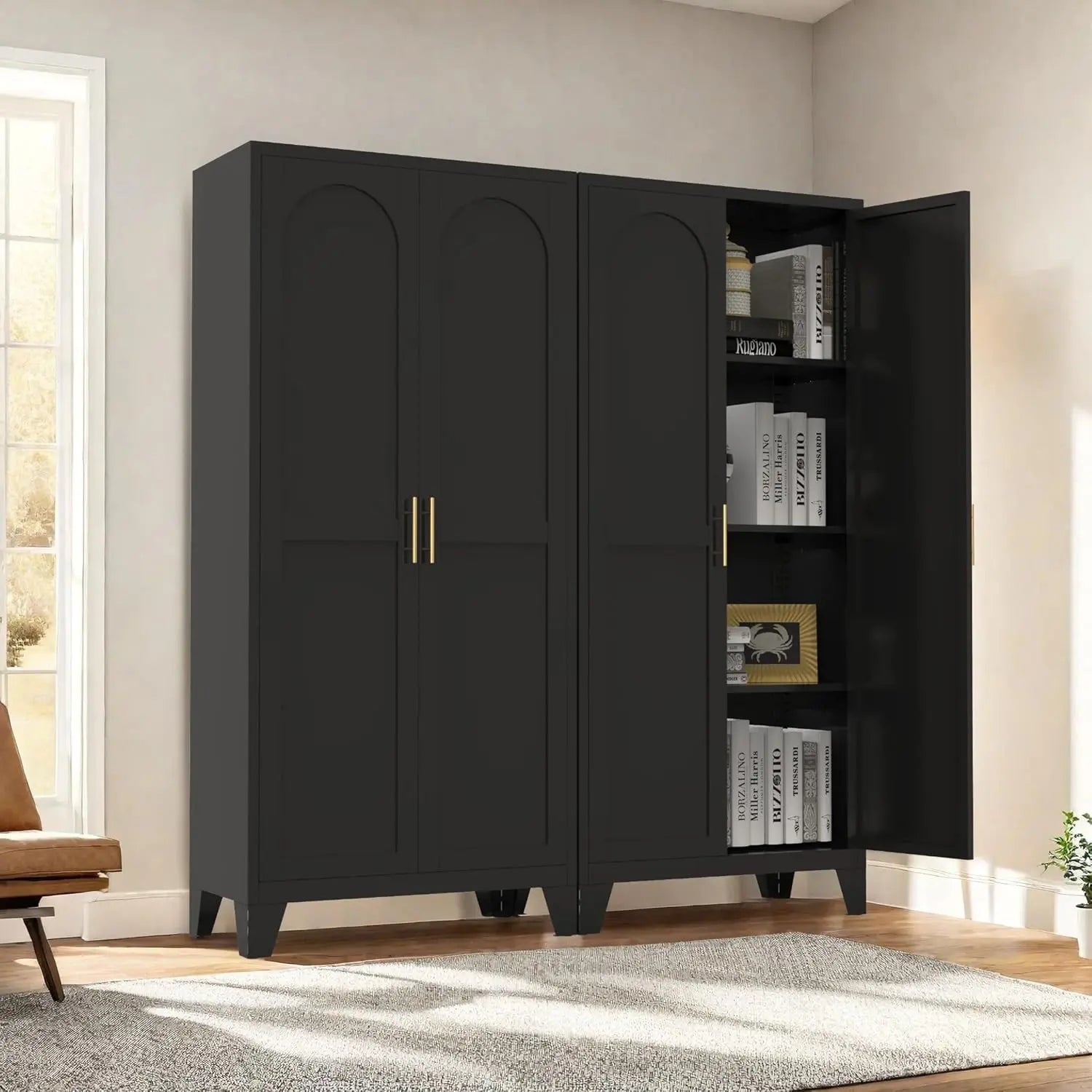QIHAI 71'' 2 Shapely Doors Cabinet, Metal Storage Cabinet with Doors and Adjustable Shelves, for Kitchen, Dining Room, Living Room,White QIHAI