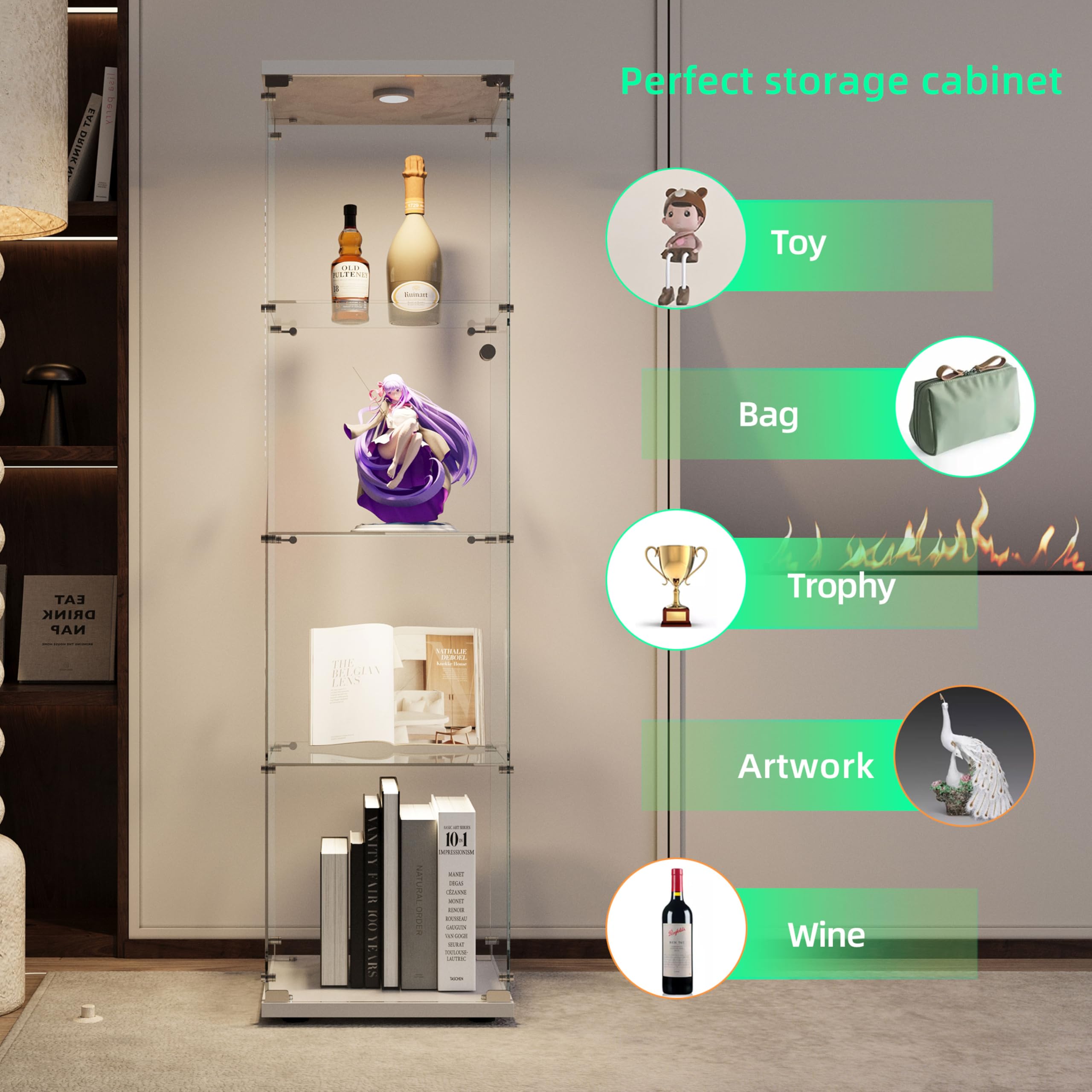 Glass Display Case with Lights,Tempered Glass Curio Cabinets with Glass Doors and Lock,Glass Display Cabinet for Bedroom, Living Room,Kitchen (White, 2 Door-5 Tier)
