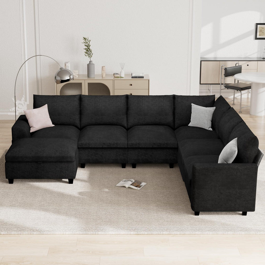 120.1" L Shaped Modular Sectional Sofa, 7 Seater Sectional Sofa with Storage Ottoman, L Shaped Cloud Couch Corner Sofa Oversized Modular Sectional Couch for Living Room (Black)