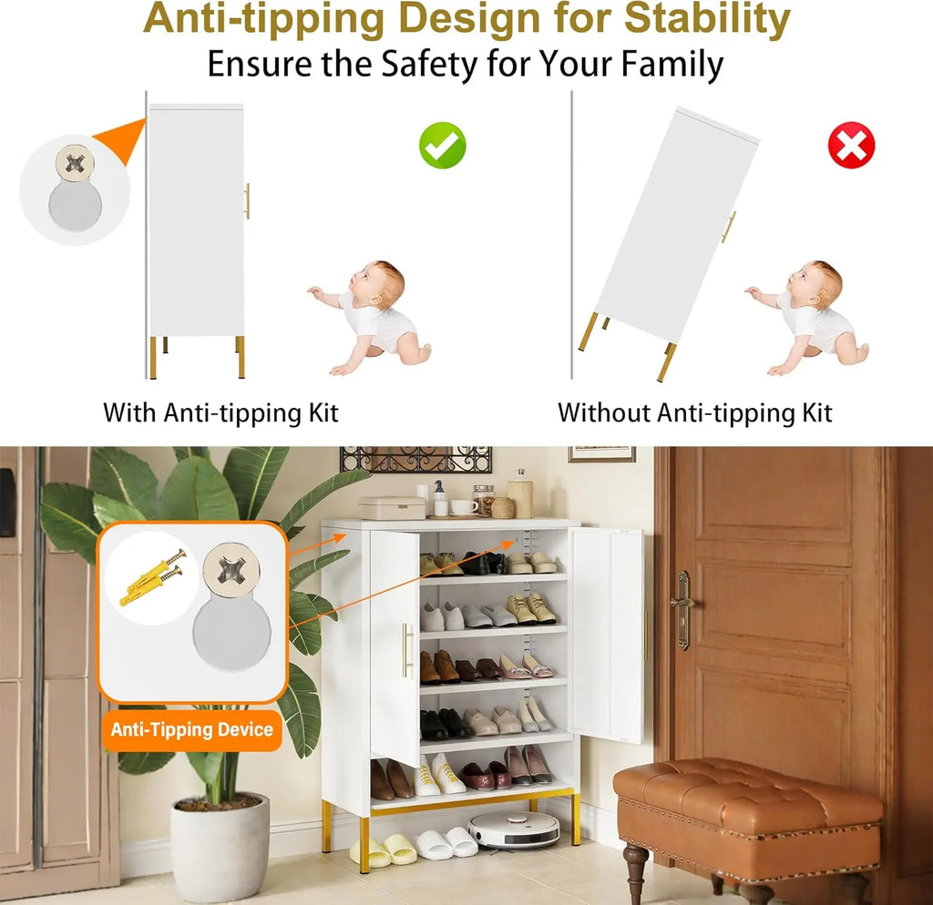 QIHAI 43'' Tall 2-Doors Shoes Cabinet, Metal 7-Tier Hidden Shoe Organizer,Modern Narrow Shoe Storage Cabinet with Adjustable Shelves for Entryway, Hallway, Closet,Living Room,White QIHAI