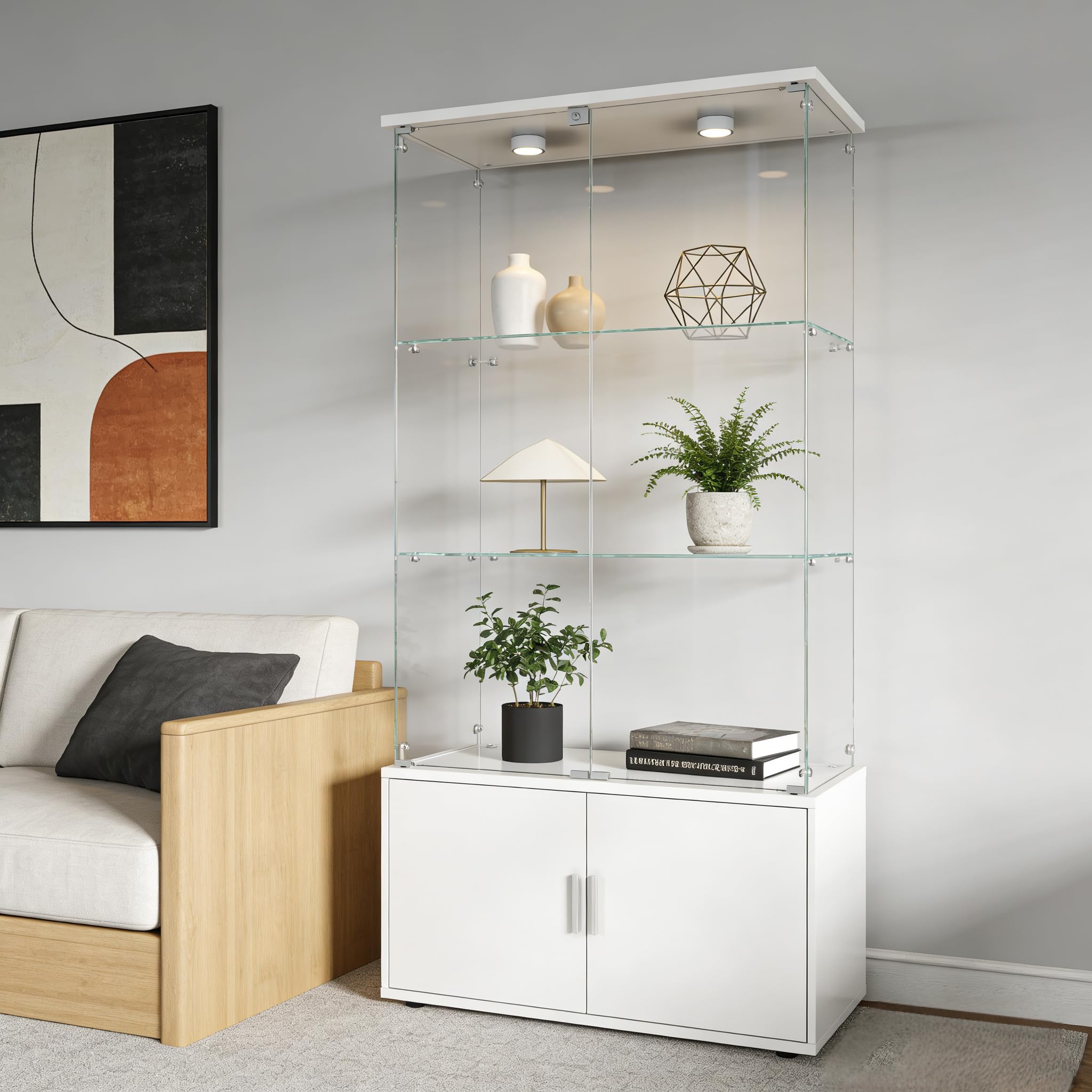 4-Tier Display Cabinet,Display Case with Glass Doors,Wine Cabinet with Lights, Storage Cabinets with 3 Shelves & 2 Drawers for Living Room,Dining (White)