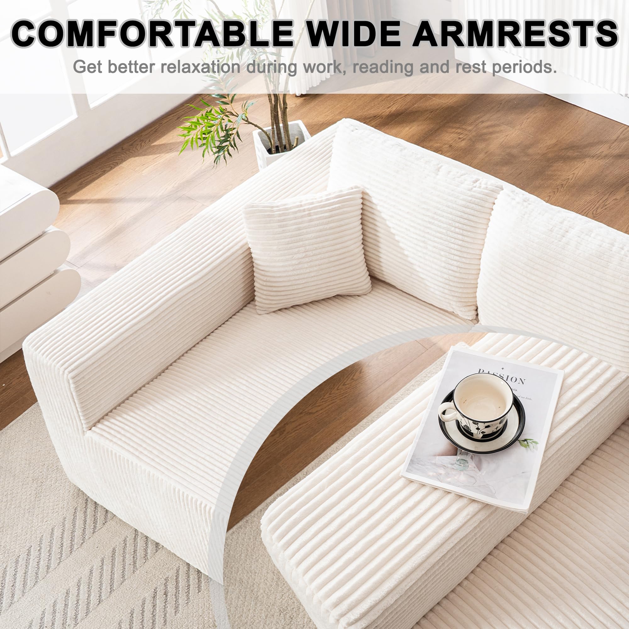Living Room Wide Armchair Sofa, Modern Modular Recliner Sofa, L-Shaped Cloud Sofa, No Assembly Required, Corduroy Fabric, Soft and Comfortable (Foam + Gray + Corduroy + 3 Seat)