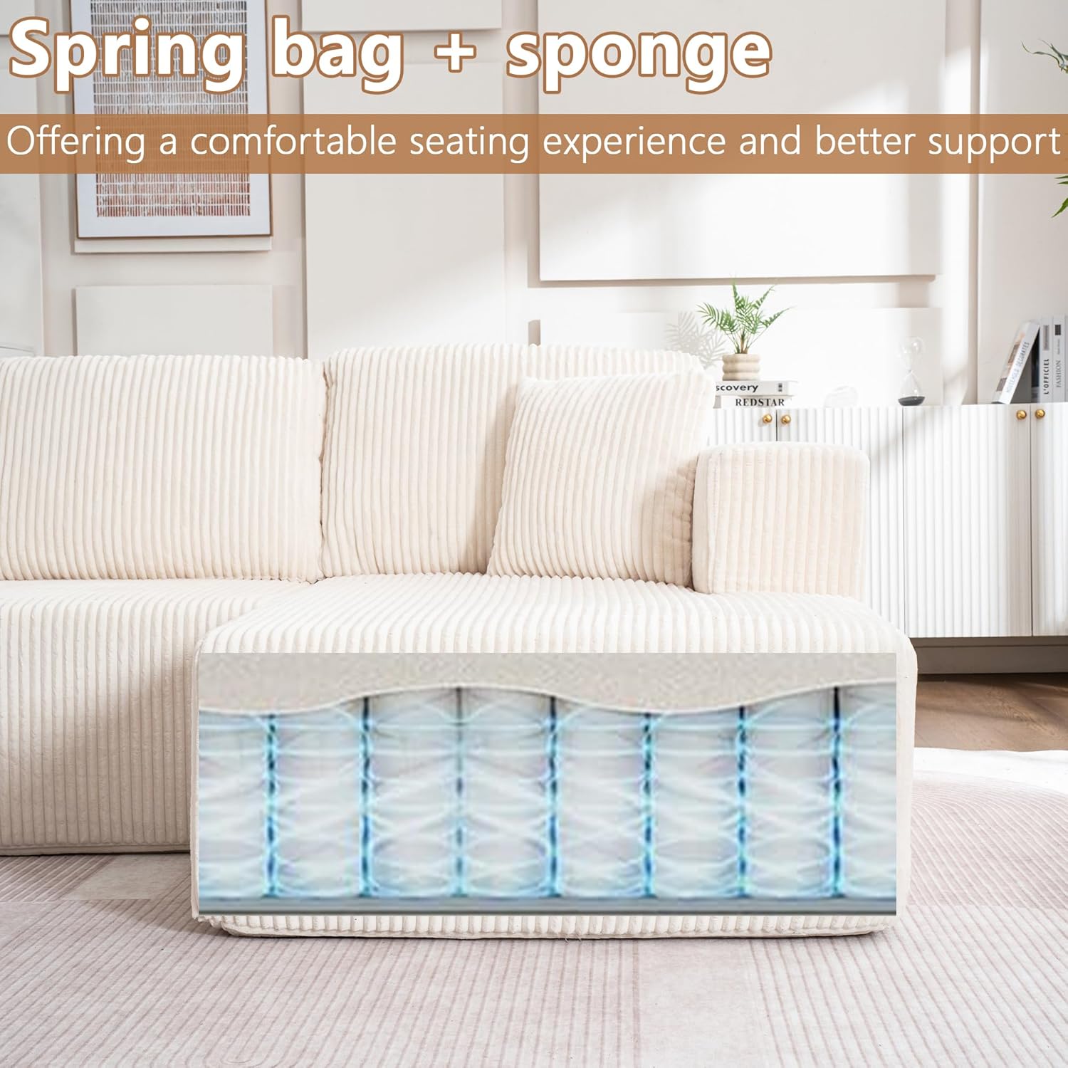 130" Oversized Cloud Boneless Sofa Couch with Chaise, Modern Corduroy U Shaped Modular Sectional Sofa with Deep Seat, No Assembly Required (Foam + White + Corduroy + 3 Seat)