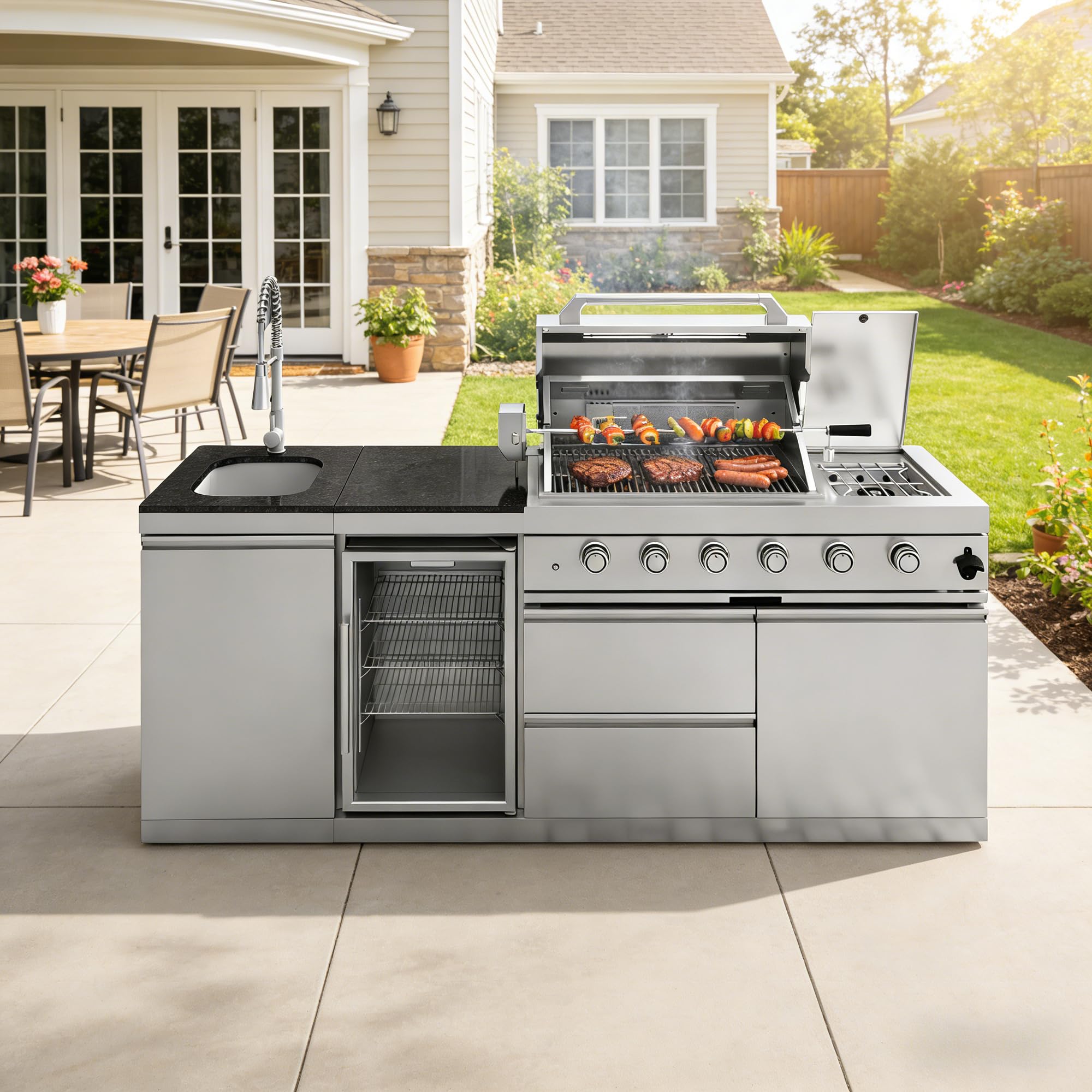 46-Inch 4-Burner 72000 BTU Deluxe Stainless Steel Gas Outdoor Kitchen Bar Barbecue Island Grill, Wine Cooler Compact Refrigerator, Rotisserie, Granite Countertops, Stainless steel Sink,Black