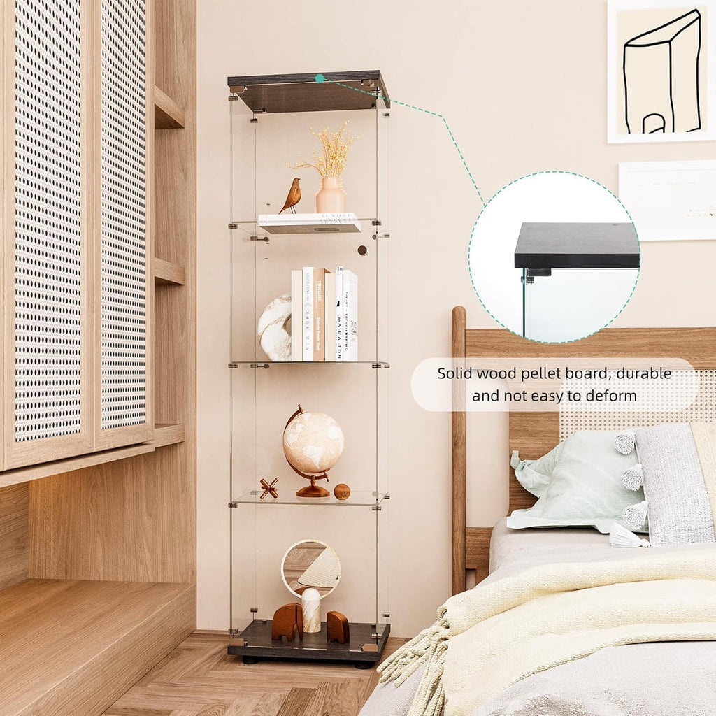 Glass Display Cabinet 4 Shelves with Door, Easy to Install, Solid Tempered Glass, Floor Standing Curio Bookshelf for Living Room,White