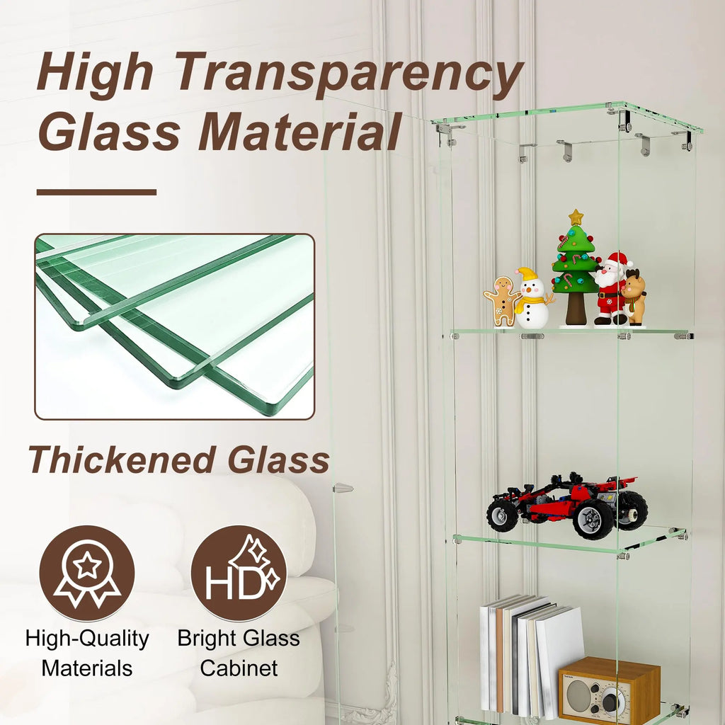 QIHAI Glass Display Cabinet,Premium 4-Tier Diamond Glass Display Case with 5 Dynamic LED Modes, Tempered Glass Curio Cabinet for Collectibles & Decor (62.99x27.56x11.81 Inches) QIHAI