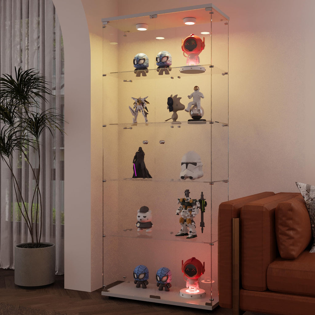 Glass Display Case with Lights,Tempered Glass Curio Cabinets with Glass Doors and Lock,Glass Display Cabinet for Bedroom, Living Room,Kitchen (White, 2 Door-5 Tier)