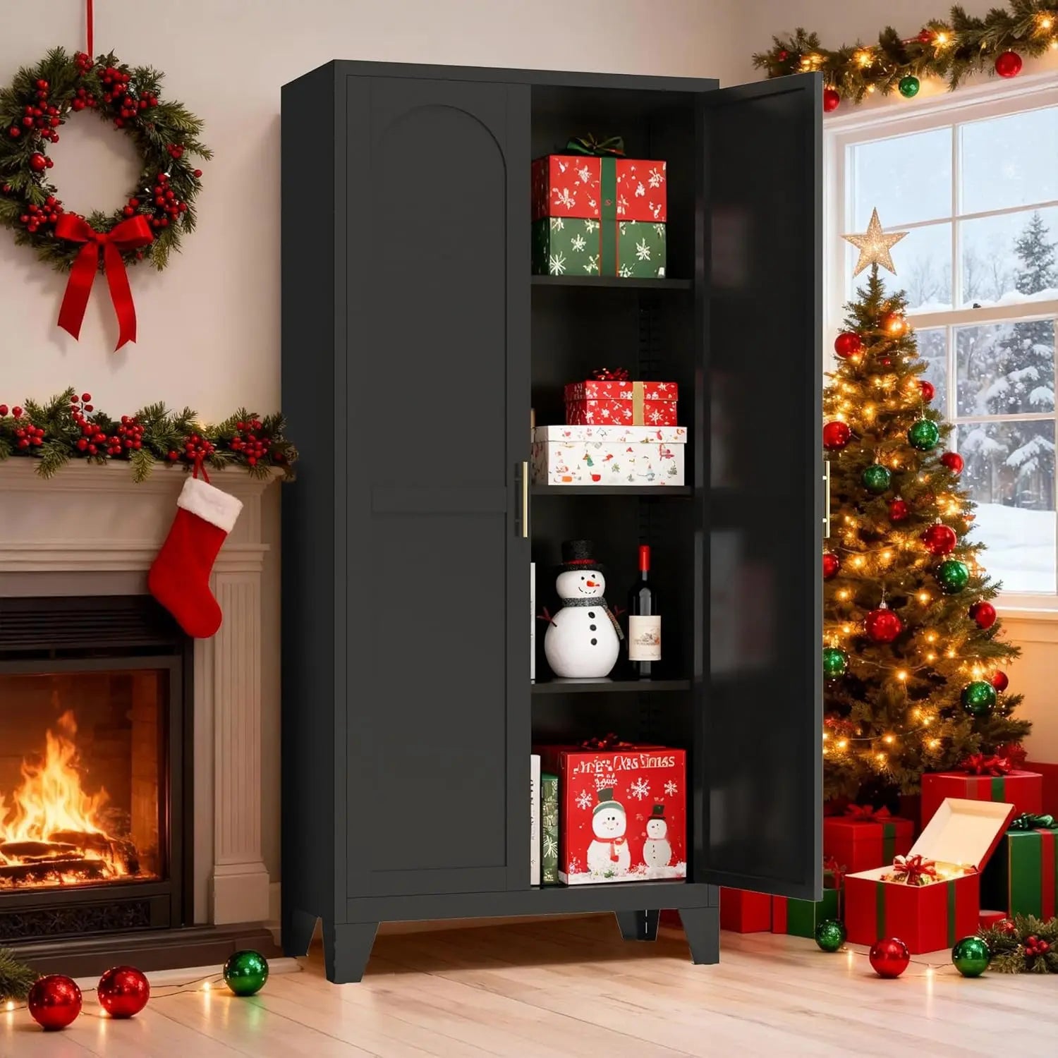QIHAI 71'' 2 Shapely Doors Cabinet, Metal Storage Cabinet with Doors and Adjustable Shelves, for Kitchen, Dining Room, Living Room,White QIHAI