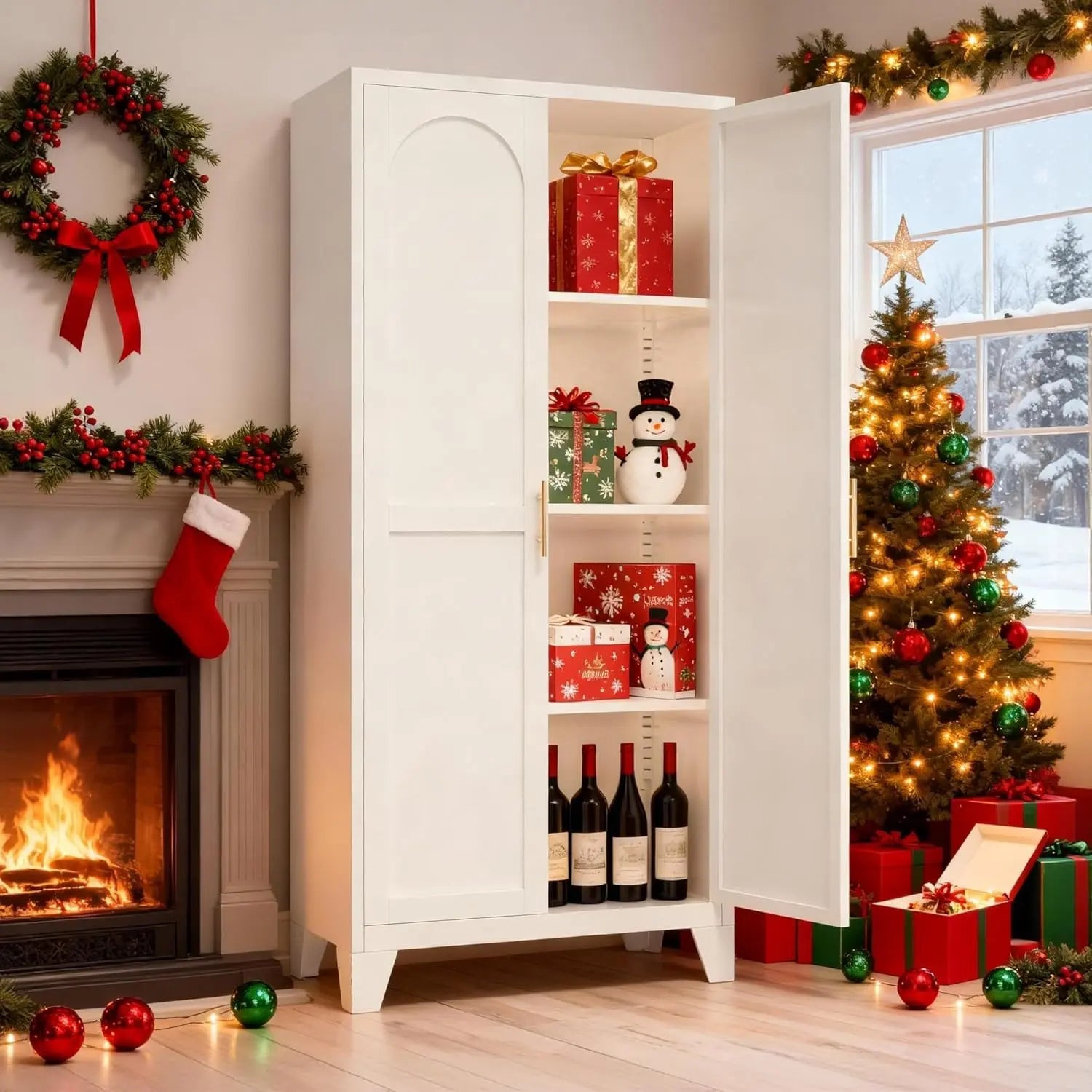 QIHAI 71'' 2 Shapely Doors Cabinet, Metal Storage Cabinet with Doors and Adjustable Shelves, for Kitchen, Dining Room, Living Room,White QIHAI