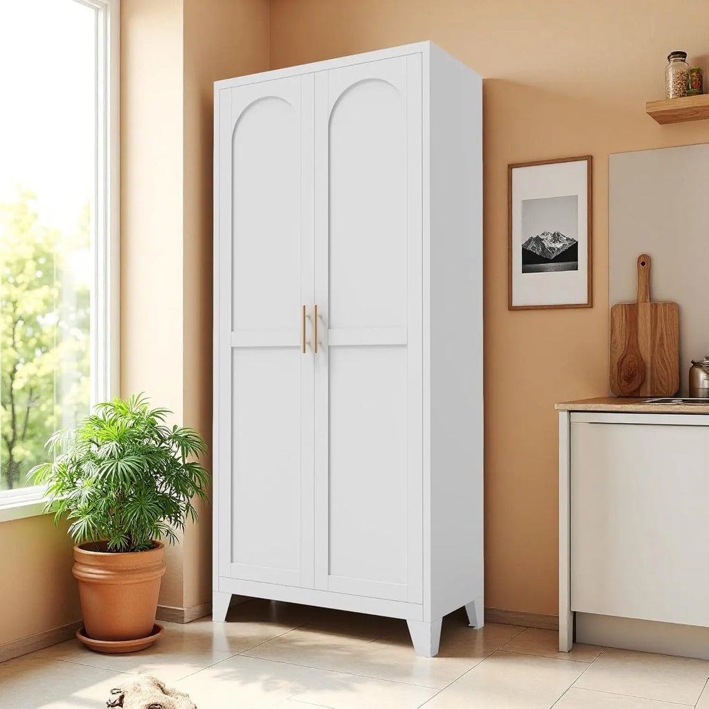QIHAI 71'' 2 Shapely Doors Cabinet, Metal Storage Cabinet with Doors and Adjustable Shelves, for Kitchen, Dining Room, Living Room,White QIHAI