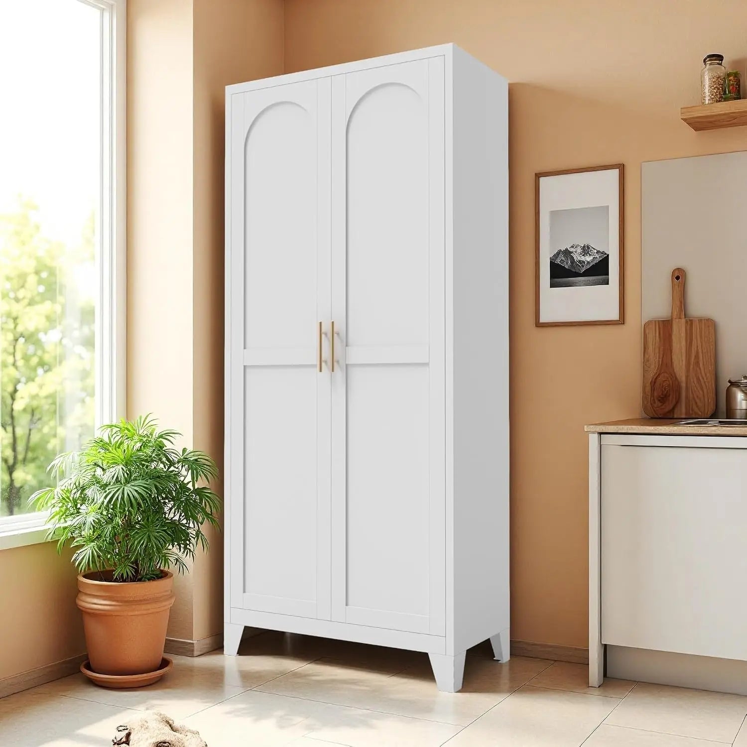 QIHAI 71'' 2 Shapely Doors Cabinet, Metal Storage Cabinet with Doors and Adjustable Shelves, for Kitchen, Dining Room, Living Room,White QIHAI