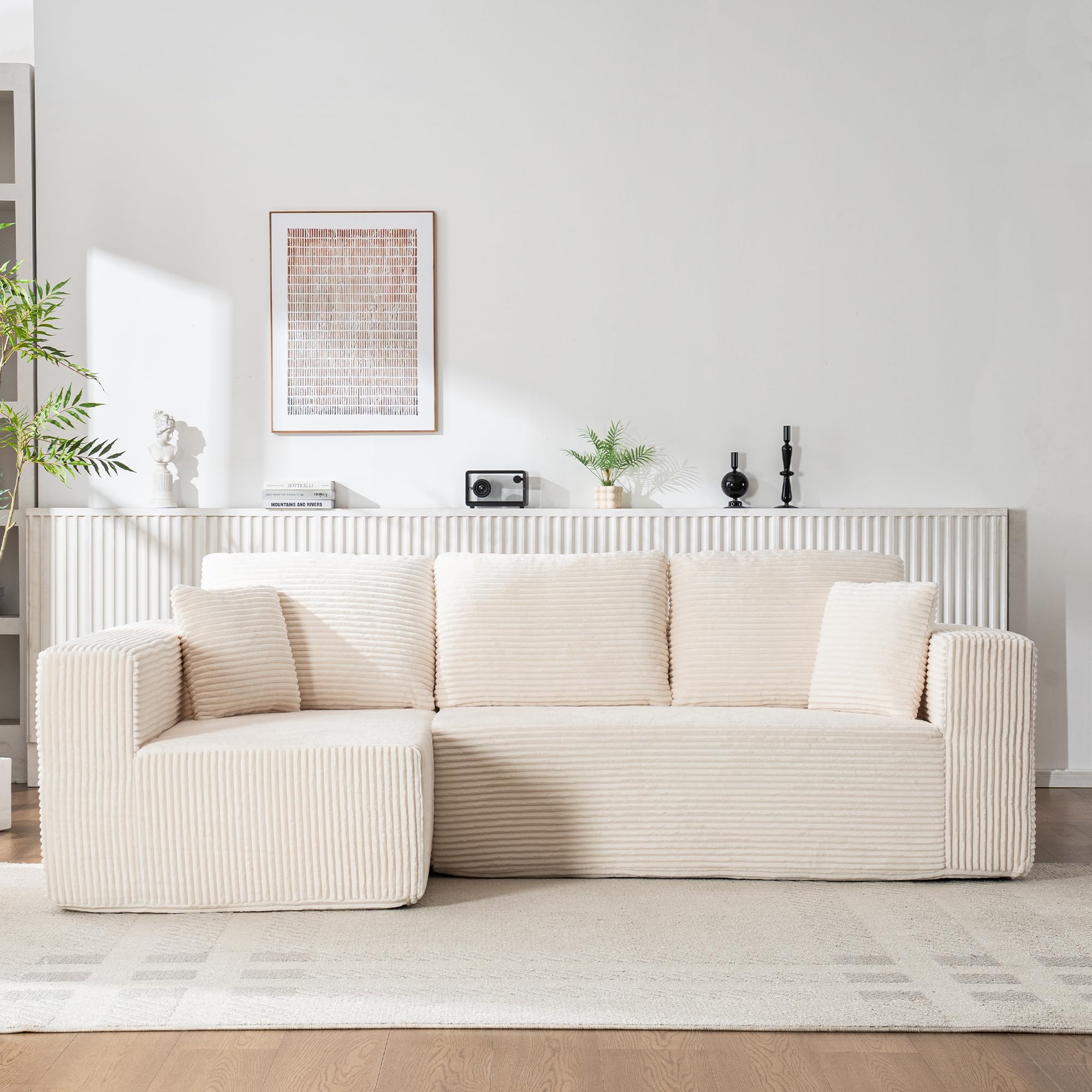 Living Room Wide Armchair Sofa, Modern Modular Recliner Sofa, L-Shaped Cloud Sofa, No Assembly Required, Corduroy Fabric, Soft and Comfortable (Foam + Gray + Corduroy + 3 Seat)