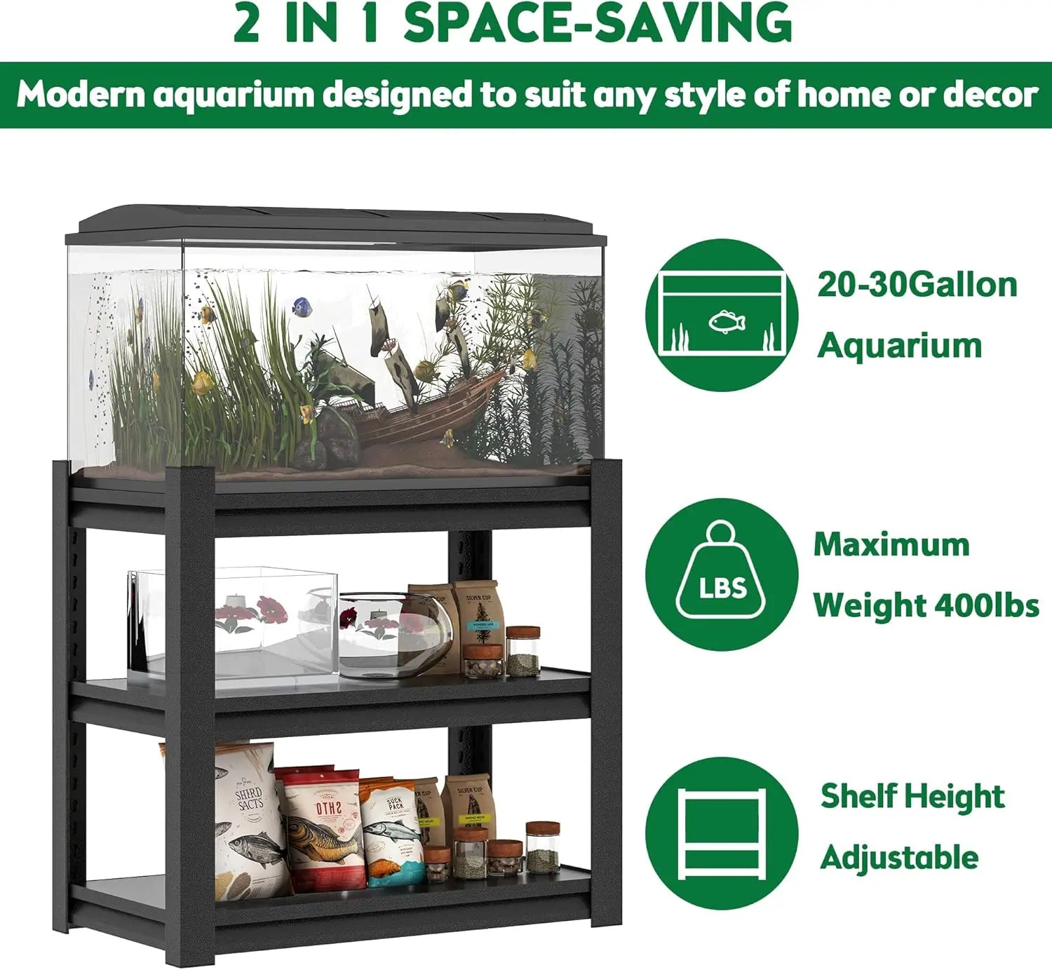 QIHAI 20-30 Gallon Fish Tank Stand - Metal Aquarium Stand, 34 "W x 18 "D x 31" H Adjustable Heavy Duty Reptile Tank Stand, Adjustable 3-Tier Fish Tank Rack Shelf for Home Office, Tank Not Included QIHAI