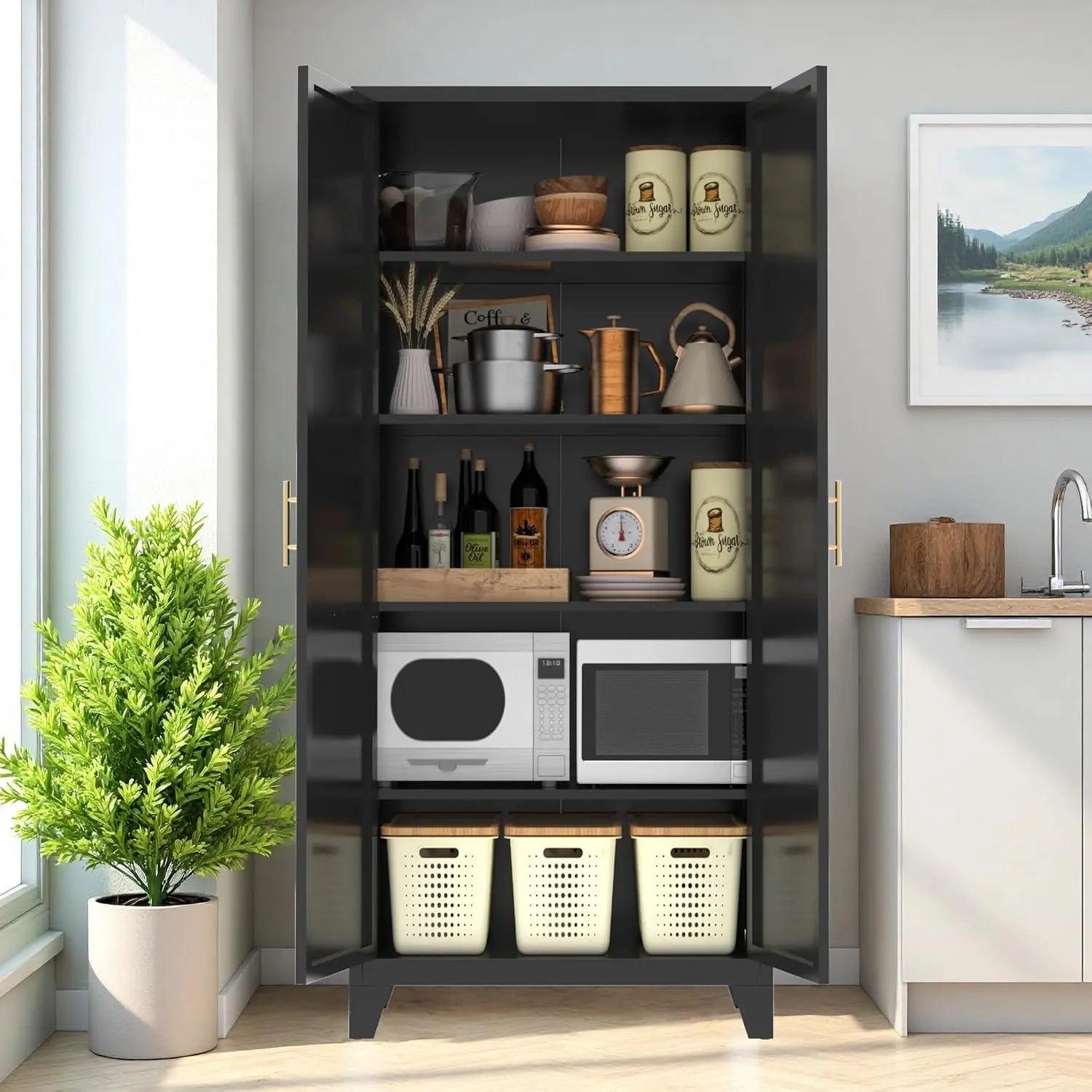 QIHAI 71'' 2 Shapely Doors Cabinet, Metal Storage Cabinet with Doors and Adjustable Shelves, for Kitchen, Dining Room, Living Room,White QIHAI