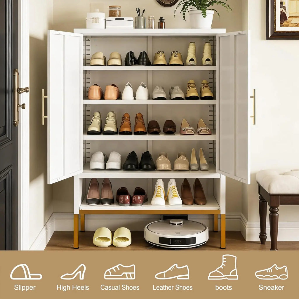 QIHAI 43'' Tall 2-Doors Shoes Cabinet, Metal 7-Tier Hidden Shoe Organizer,Modern Narrow Shoe Storage Cabinet with Adjustable Shelves for Entryway, Hallway, Closet,Living Room,White QIHAI