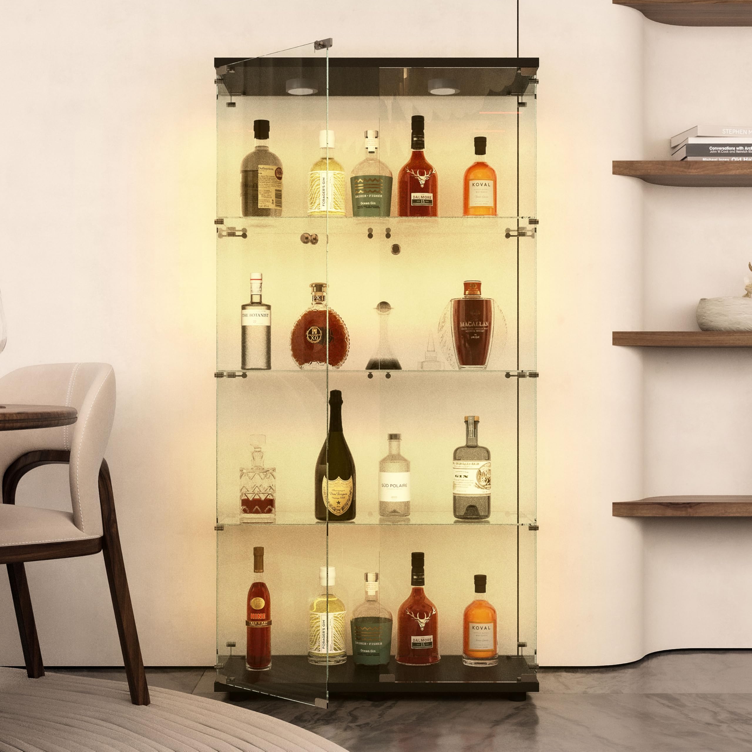 Glass Display Case with Lights,Tempered Glass Curio Cabinets with Glass Doors and Lock,Glass Display Cabinet for Bedroom, Living Room,Kitchen (White, 2 Door-5 Tier)