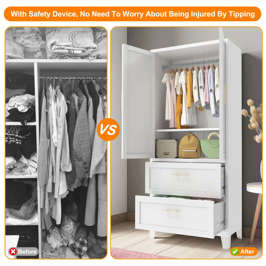 QIHAI Bedroom Armoires,71" Tall Metal Wardrobe Cabinet with 2 Drawers and Hanging Rod, 2 Doors Wardrobe Closet with Shelf for Bedroom, Office, Laundry Room,Entryway,Foyer,Guesthouse,White QIHAI