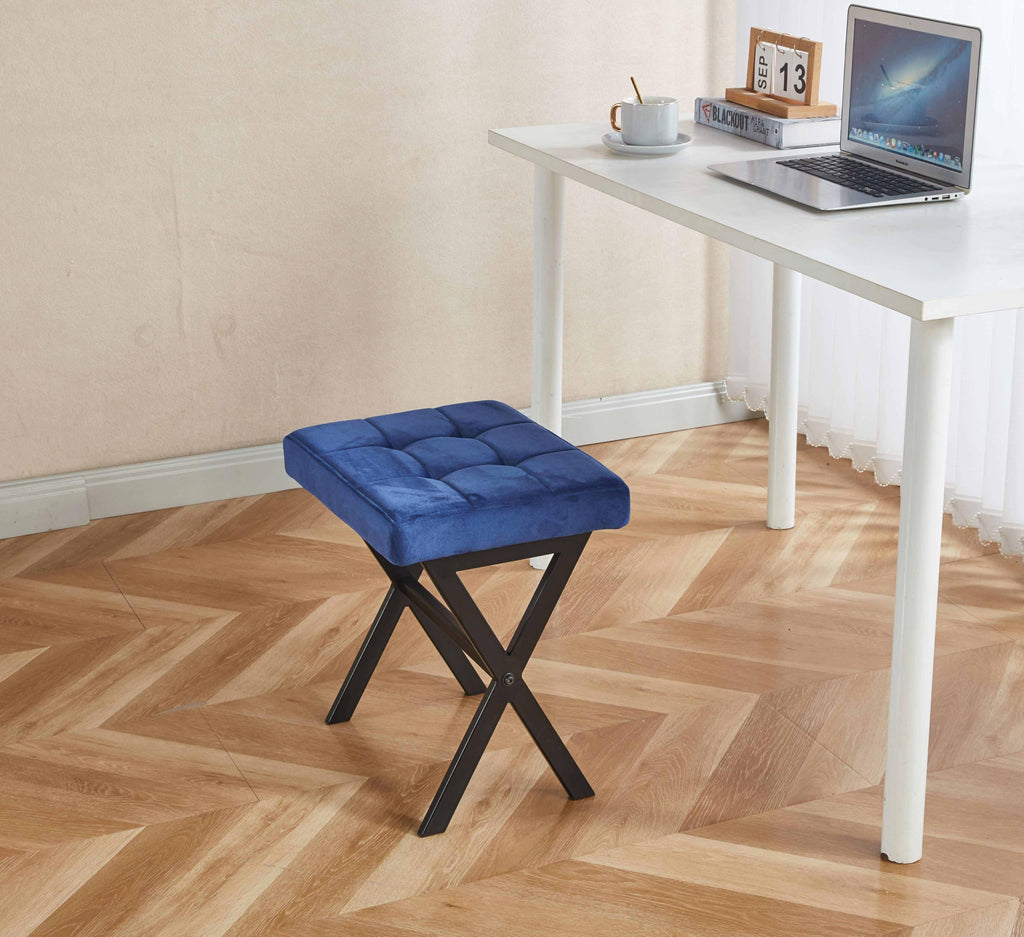 Vanity Stool - Square Faux Leather Makeup Seat with Metal X Legs, Small Ottoman Chair for Makeup Room, Living Room - Modern Padded Foot Rest (Dark Brown)