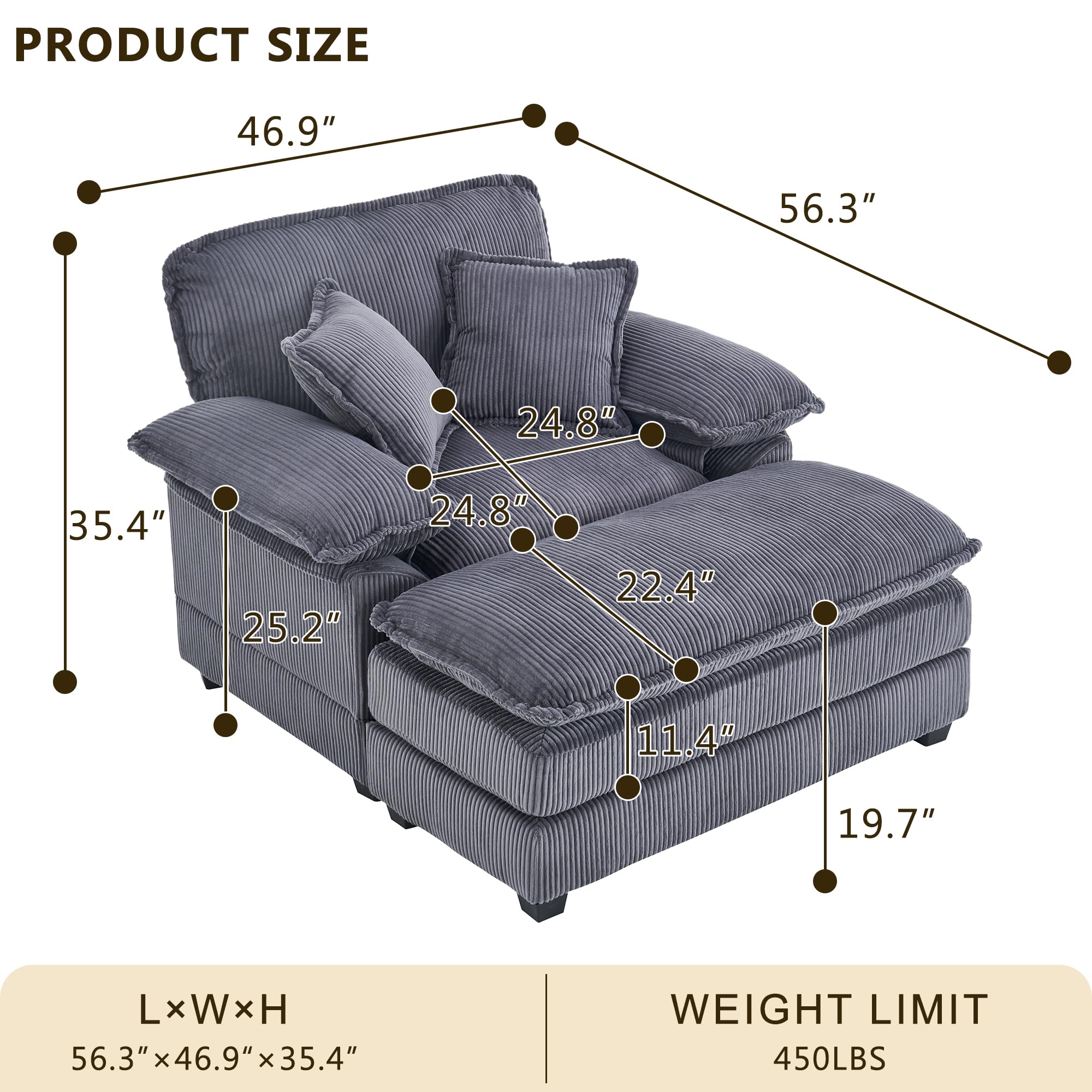 46.9" Extra-Large Reclining Sofa,Cloud Sofa Set, Equipped with 2 Soft Cushions. Single-Person Comfortable Sofa. Suitable for Living Rooms, Apartments and Offices (Black)