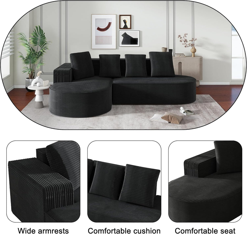 104" Corduroy Sectional Couch, Boneless L Shaped Couch with Deep Seat, Cloud Foam Sofa with Chaise, Sectional Sofa No Assembly Needed for Living Room (Foam + Black + Corduroy + 3 Seat)