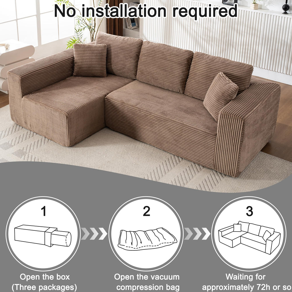 Living Room Wide Armchair Sofa, Modern Modular Recliner Sofa, L-Shaped Cloud Sofa, No Assembly Required, Corduroy Fabric, Soft and Comfortable (Foam + Gray + Corduroy + 3 Seat)