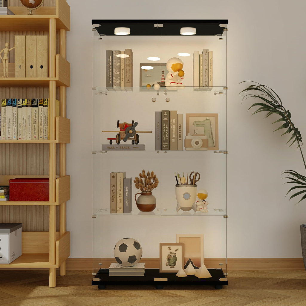 Glass Display Case with Lights,Tempered Glass Curio Cabinets with Glass Doors and Lock,Glass Display Cabinet for Bedroom, Living Room,Kitchen (White, 2 Door-5 Tier)