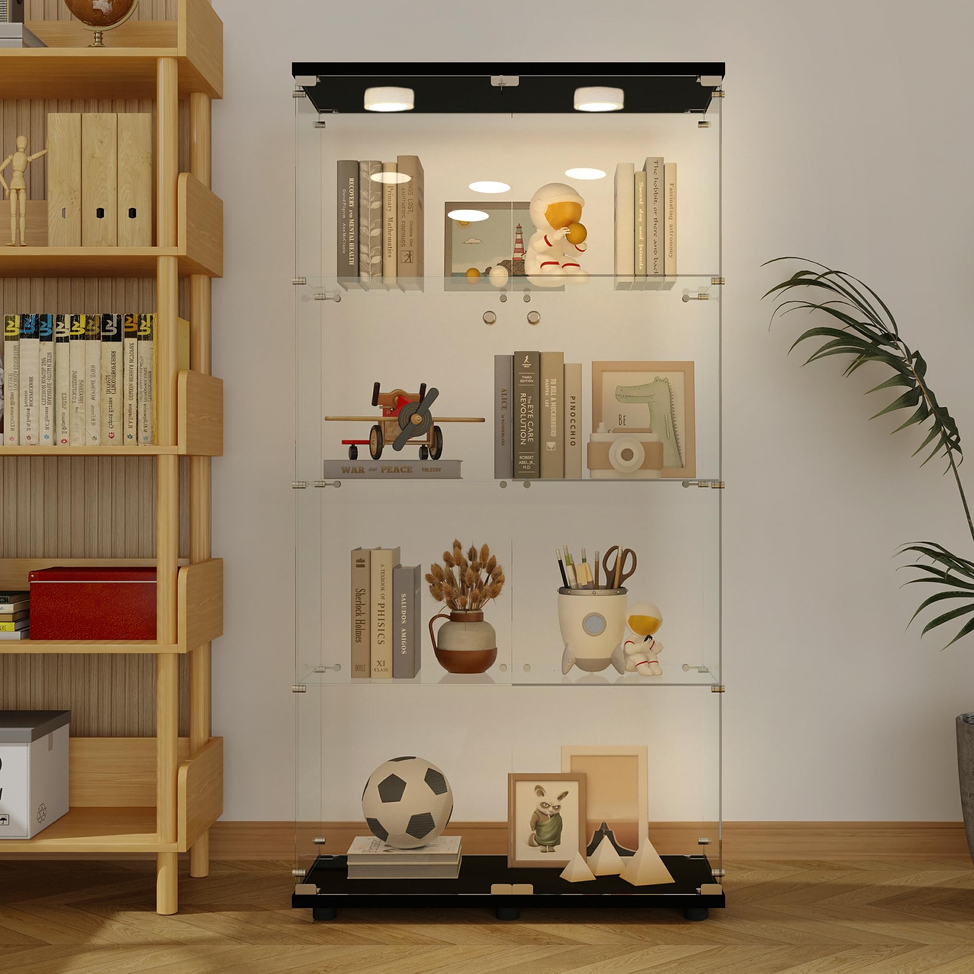 Glass Display Case with Lights,Tempered Glass Curio Cabinets with Glass Doors and Lock,Glass Display Cabinet for Bedroom, Living Room,Kitchen (White, 2 Door-5 Tier)