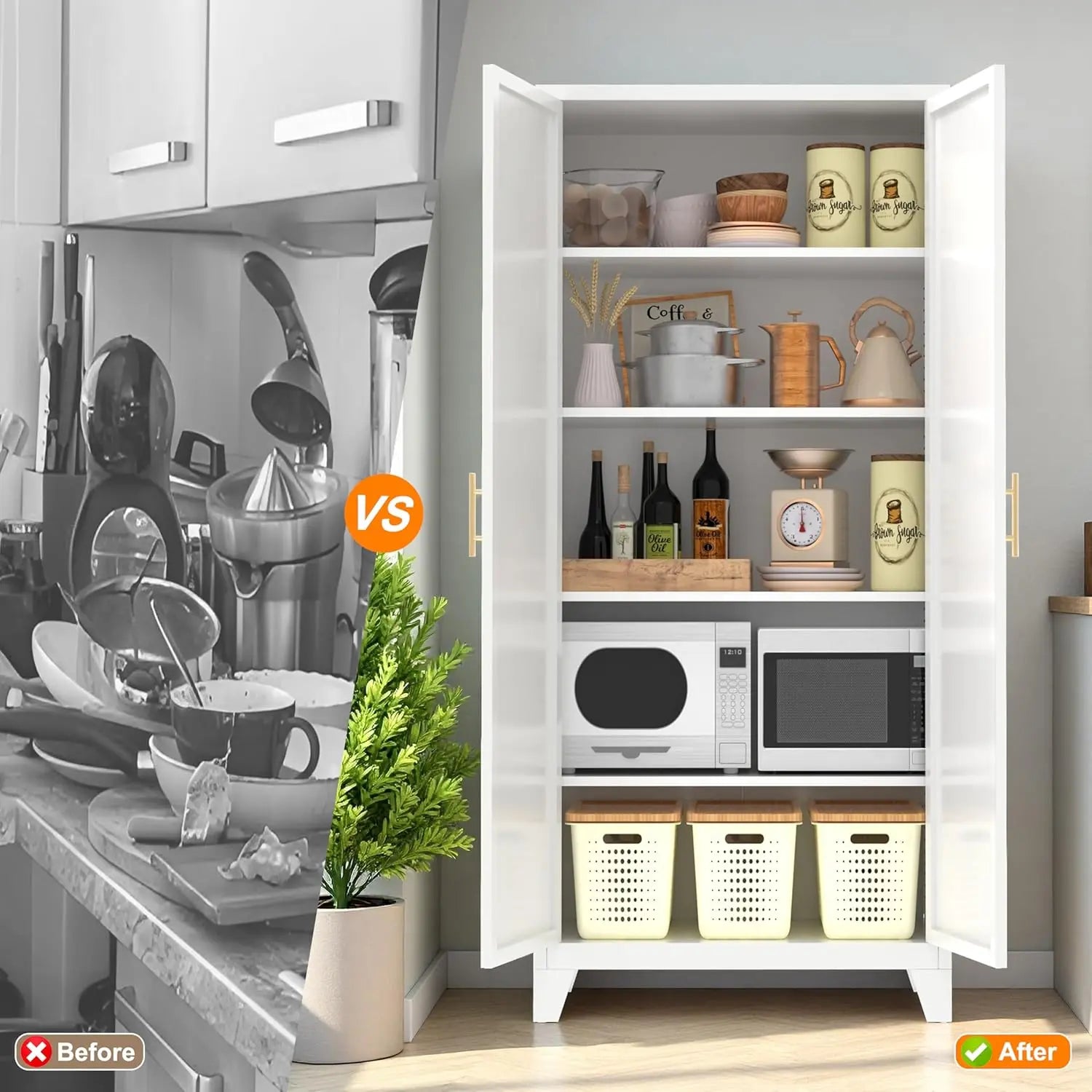 QIHAI 71'' 2 Shapely Doors Cabinet, Metal Storage Cabinet with Doors and Adjustable Shelves, for Kitchen, Dining Room, Living Room,White QIHAI