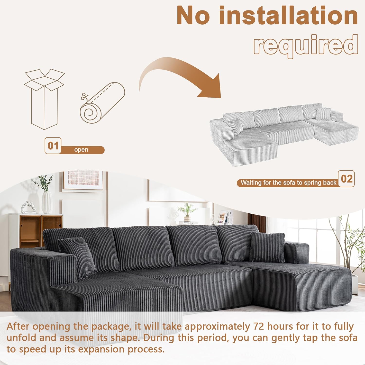130" Oversized Cloud Boneless Sofa Couch with Chaise, Modern Corduroy U Shaped Modular Sectional Sofa with Deep Seat, No Assembly Required (Foam + White + Corduroy + 3 Seat)