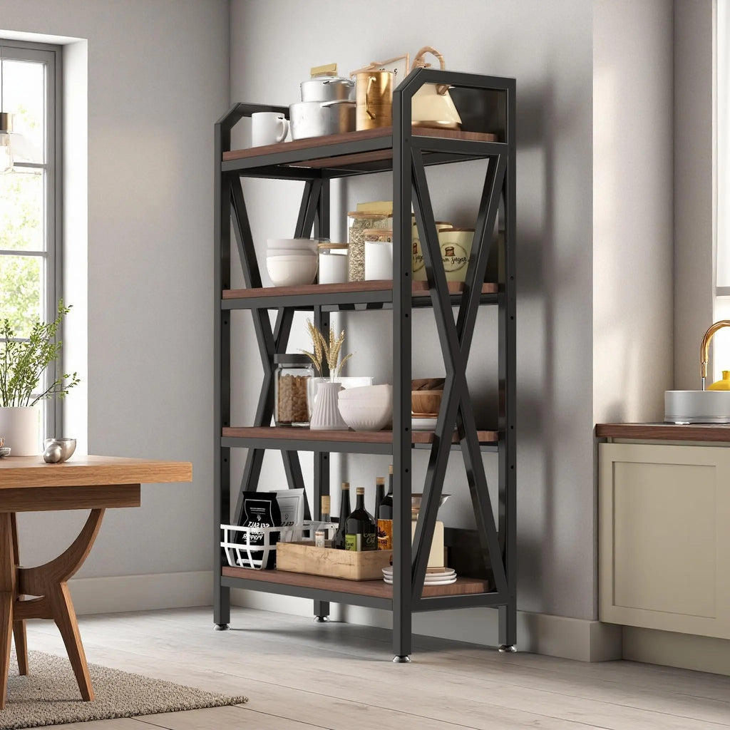 QIHAI 56.30'' Bakers Rack 4-Level Storage Shelves Metal and Wooden Kitchen Shelves, Kitchen Organizers and Storage, for Garage, Pantry, Bathroom, Closet (4-Tier 56.3" H x 33.5" W x 15.8" D) QIHAI