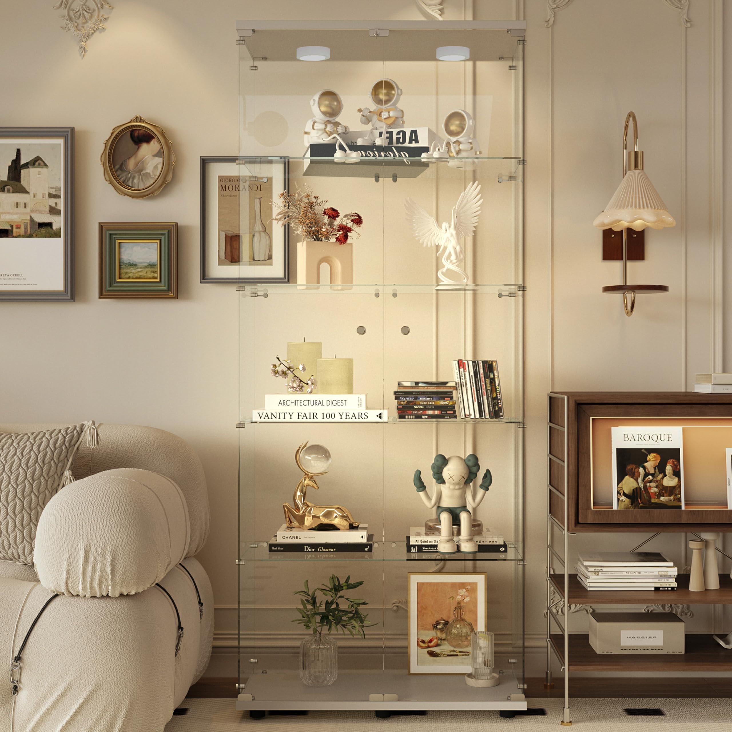 Glass Display Case with Lights,Tempered Glass Curio Cabinets with Glass Doors and Lock,Glass Display Cabinet for Bedroom, Living Room,Kitchen (White, 2 Door-5 Tier)