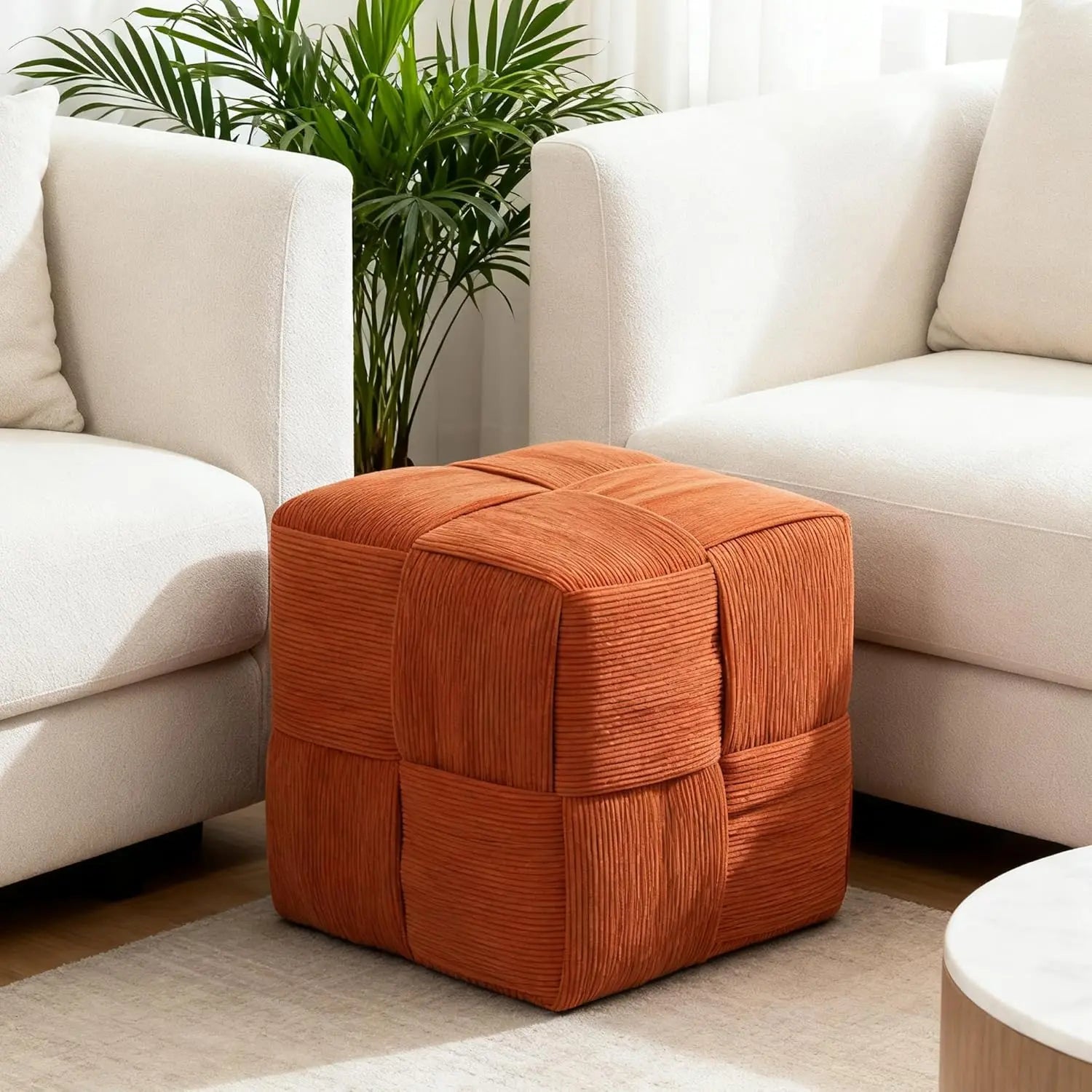 QIHAI Ottoman Foot Rest Soft and Comfortable Ottoman,Square Corduroy Woven Design Sofa Stool (Brown) QIHAI