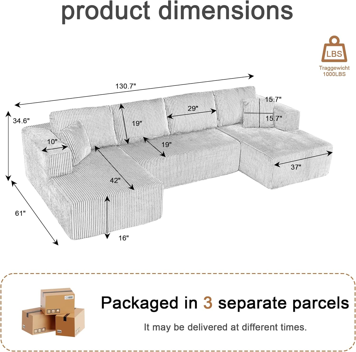 130" Oversized Cloud Boneless Sofa Couch with Chaise, Modern Corduroy U Shaped Modular Sectional Sofa with Deep Seat, No Assembly Required (Foam + White + Corduroy + 3 Seat)