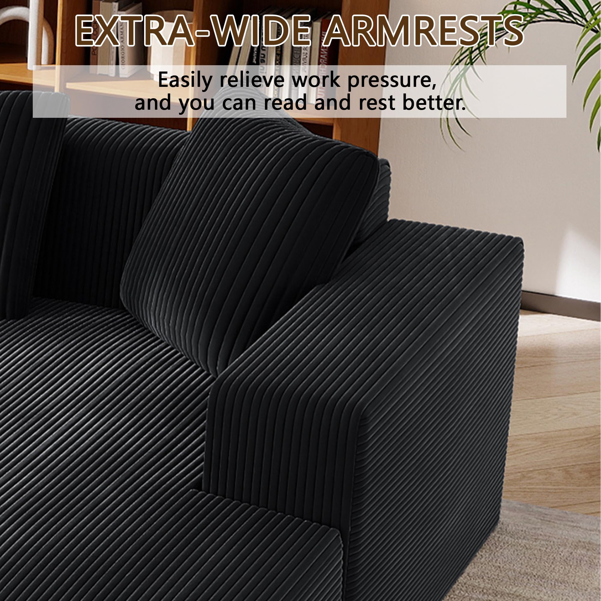 102.7" Corduroy Sectional Couch, Boneless L Shaped Couch with Deep Seat, Cloud Foam Sofa with Chaise, Sectional Sofa No Assembly Needed for Living Room and Bedroom (Black + Corduroy + 3 Seat + Foam)