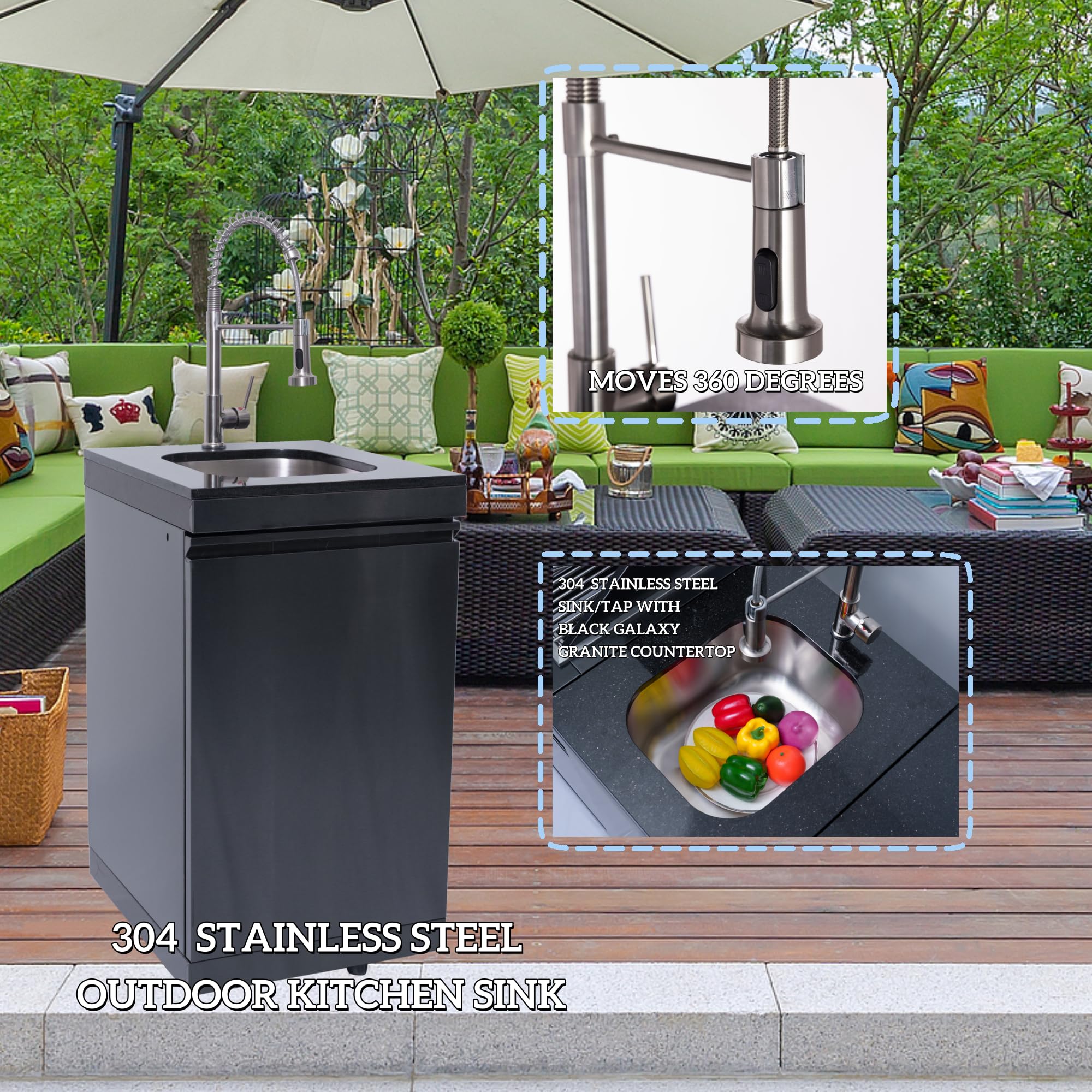 46-Inch 4-Burner 72000 BTU Deluxe Stainless Steel Gas Outdoor Kitchen Bar Barbecue Island Grill, Wine Cooler Compact Refrigerator, Rotisserie, Granite Countertops, Stainless steel Sink,Black