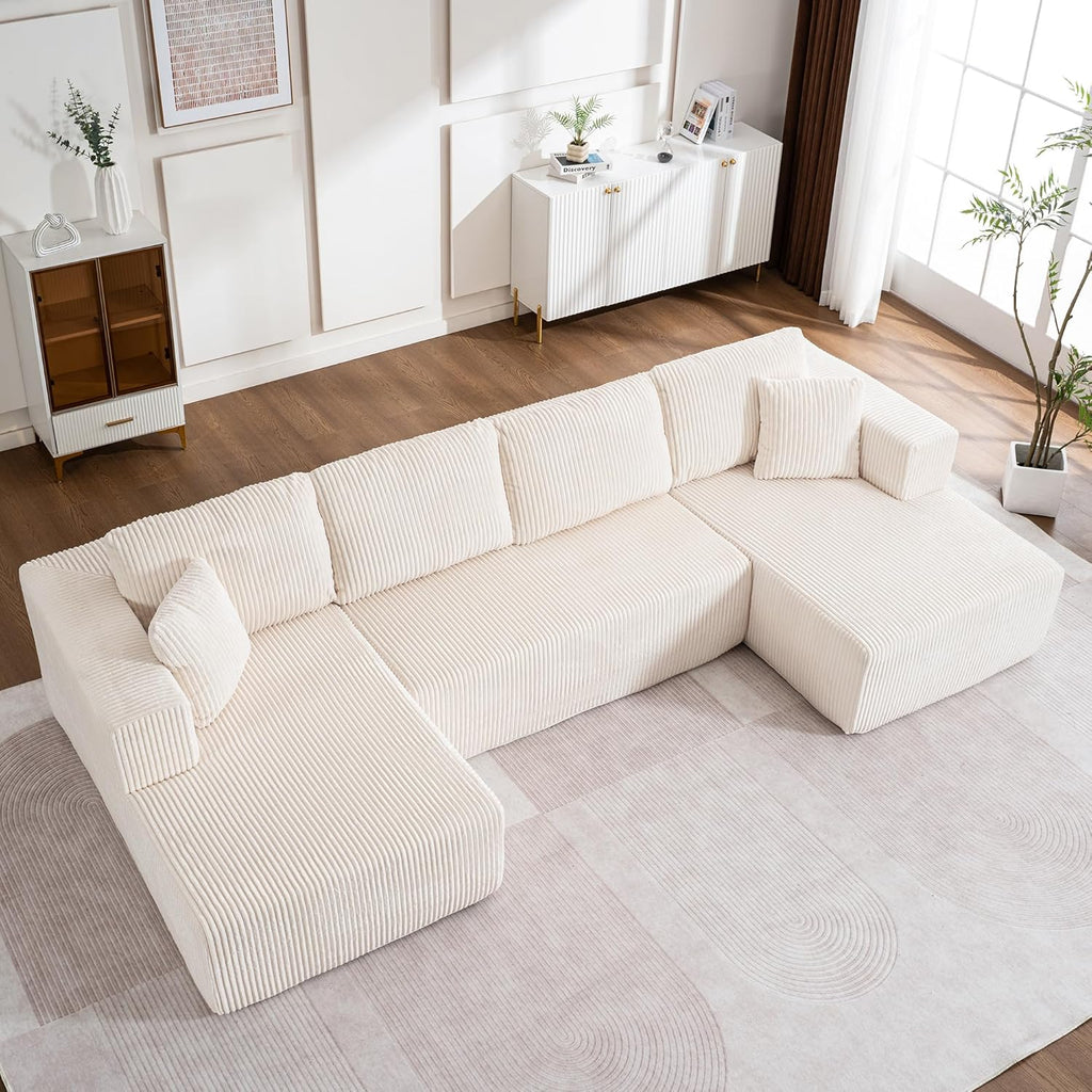 130" Oversized Cloud Boneless Sofa Couch with Chaise, Modern Corduroy U Shaped Modular Sectional Sofa with Deep Seat, No Assembly Required (Foam + White + Corduroy + 3 Seat)