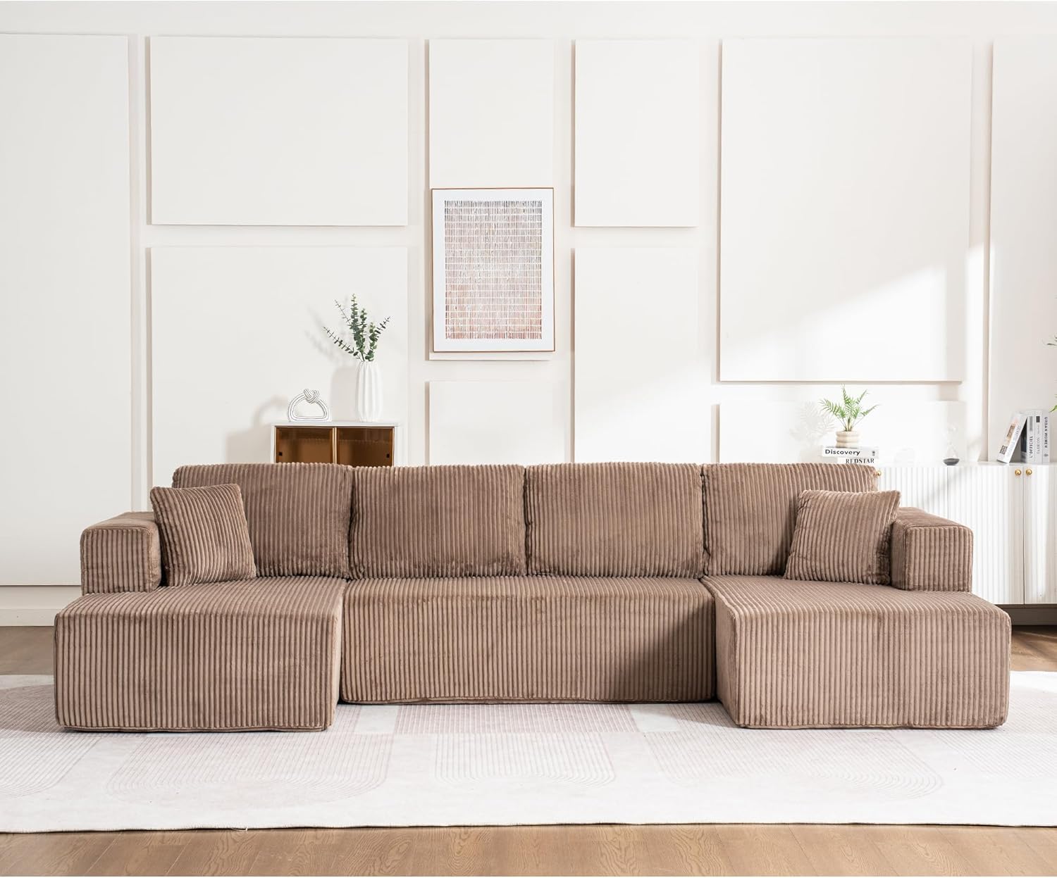 130" Oversized Cloud Boneless Sofa Couch with Chaise, Modern Corduroy U Shaped Modular Sectional Sofa with Deep Seat, No Assembly Required (Foam + White + Corduroy + 3 Seat)