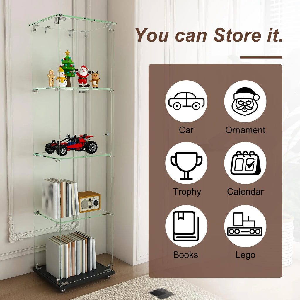QIHAI Glass Display Cabinet,Premium 4-Tier Diamond Glass Display Case with 5 Dynamic LED Modes, Tempered Glass Curio Cabinet for Collectibles & Decor (62.99x27.56x11.81 Inches) QIHAI