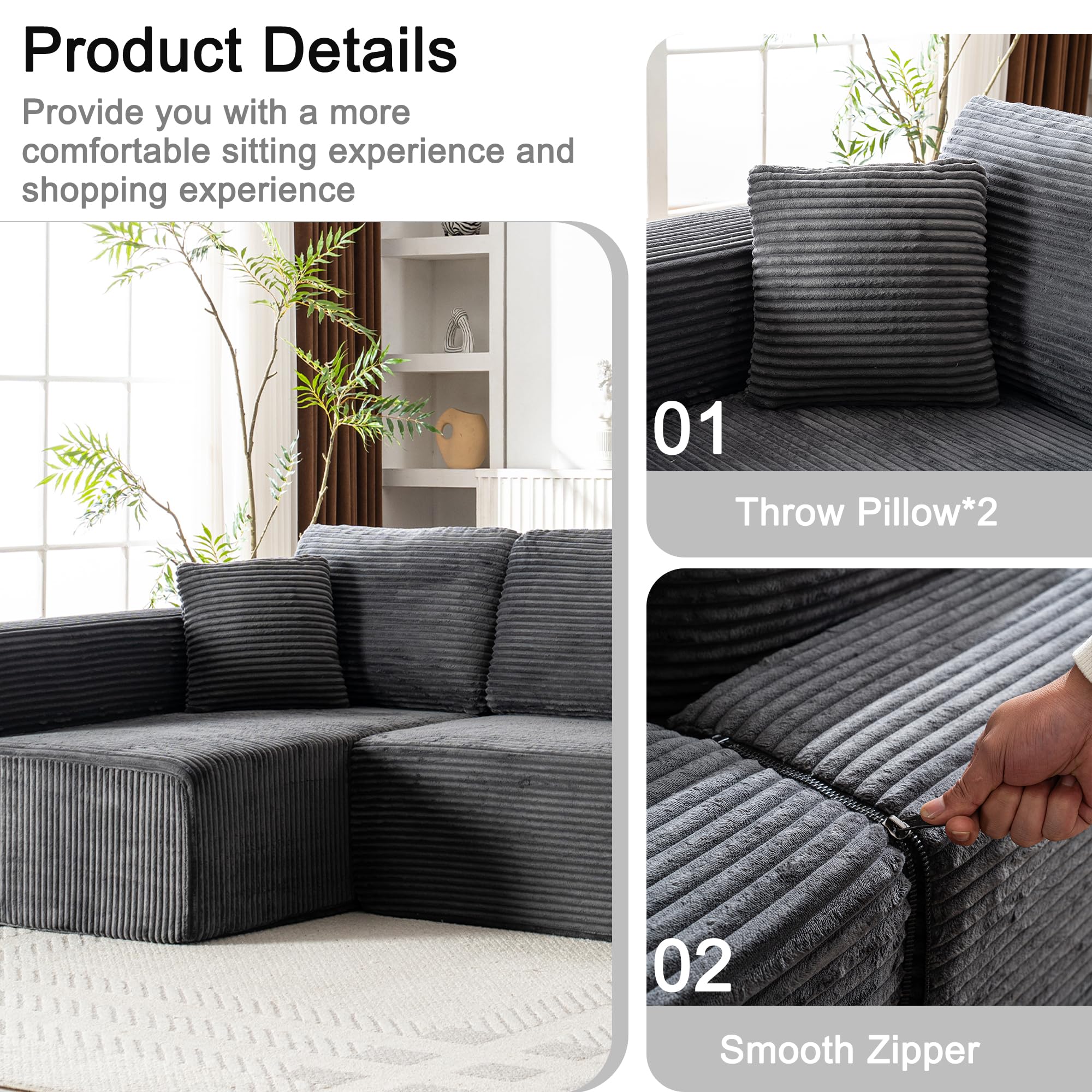 Living Room Wide Armchair Sofa, Modern Modular Recliner Sofa, L-Shaped Cloud Sofa, No Assembly Required, Corduroy Fabric, Soft and Comfortable (Foam + Gray + Corduroy + 3 Seat)