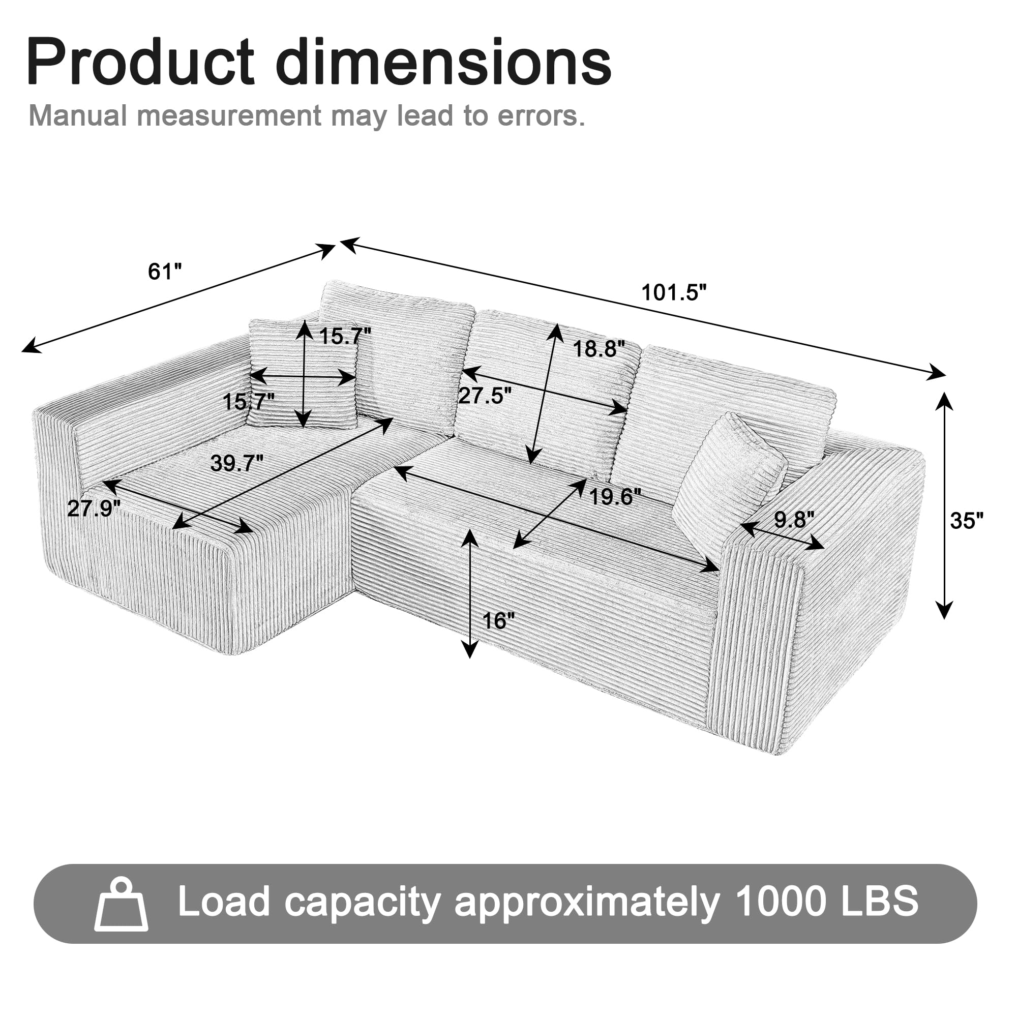 Living Room Wide Armchair Sofa, Modern Modular Recliner Sofa, L-Shaped Cloud Sofa, No Assembly Required, Corduroy Fabric, Soft and Comfortable (Foam + Gray + Corduroy + 3 Seat)