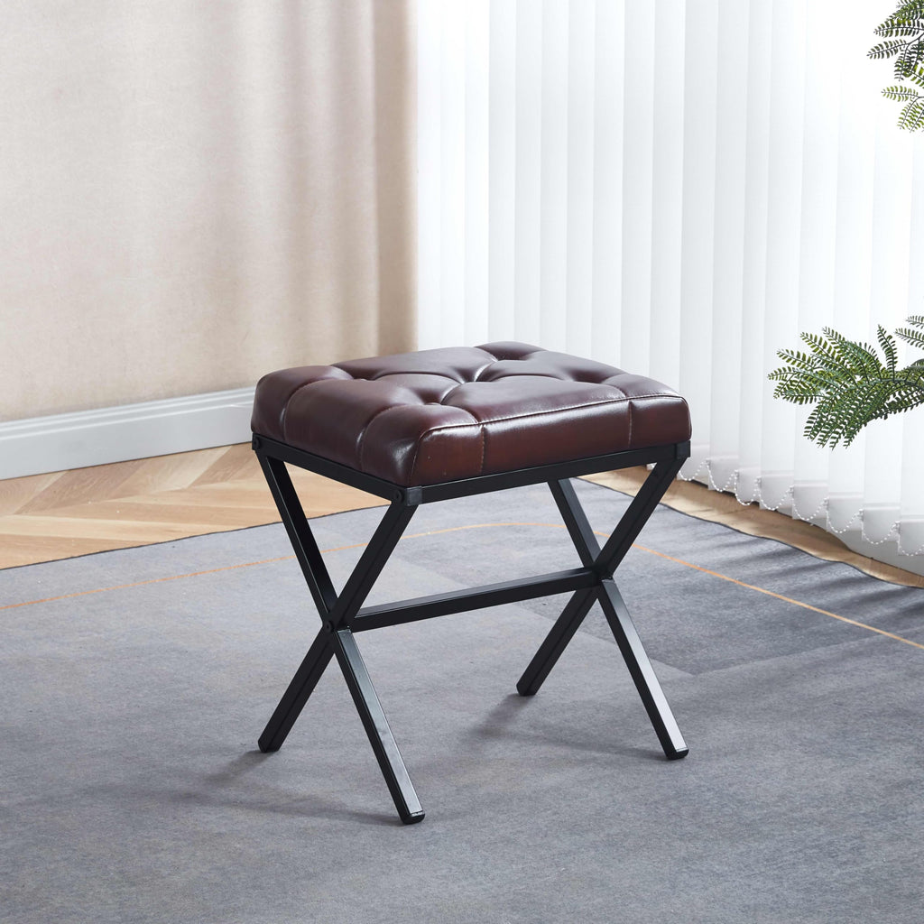 Vanity Stool - Square Faux Leather Makeup Seat with Metal X Legs, Small Ottoman Chair for Makeup Room, Living Room - Modern Padded Foot Rest (Dark Brown)