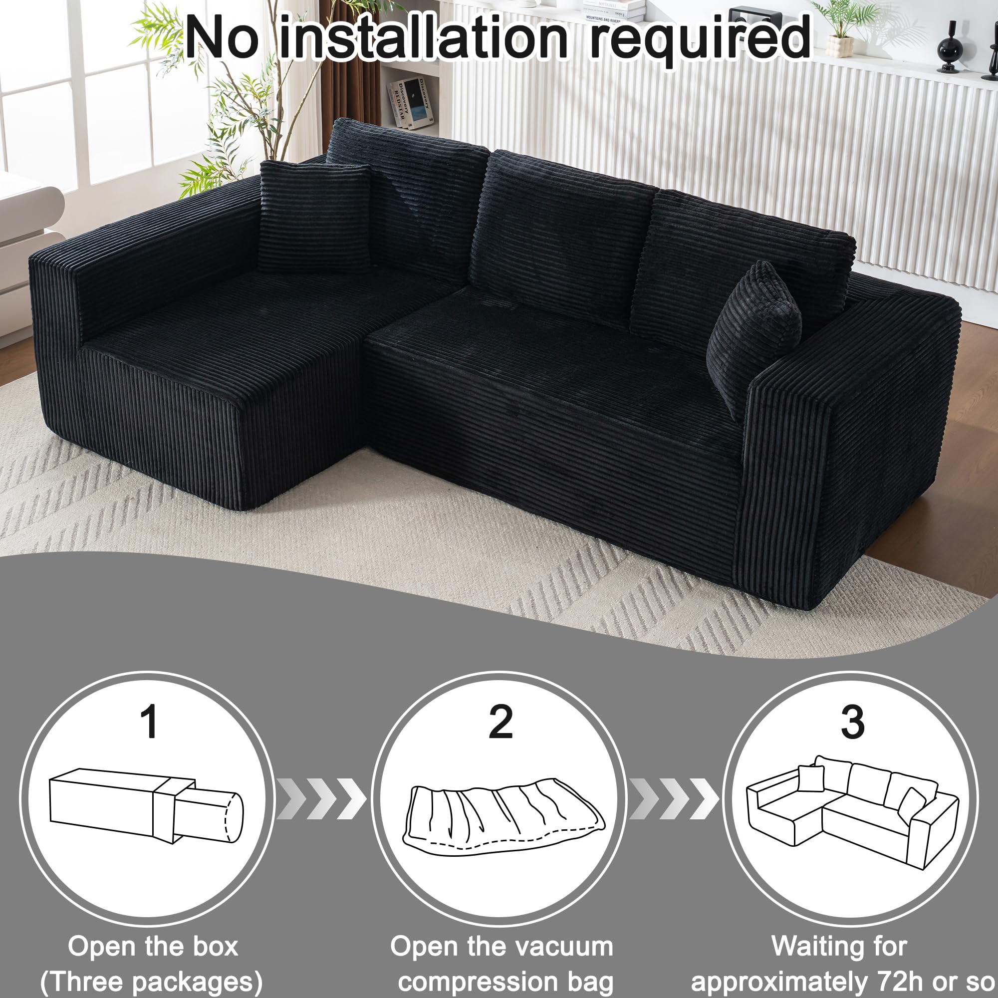 Living Room Wide Armchair Sofa, Modern Modular Recliner Sofa, L-Shaped Cloud Sofa, No Assembly Required, Corduroy Fabric, Soft and Comfortable (Foam + Gray + Corduroy + 3 Seat)