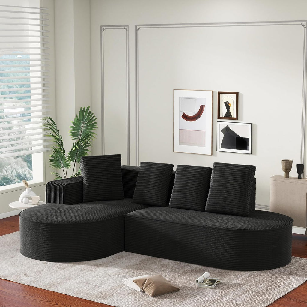 104" Corduroy Sectional Couch, Boneless L Shaped Couch with Deep Seat, Cloud Foam Sofa with Chaise, Sectional Sofa No Assembly Needed for Living Room (Foam + Black + Corduroy + 3 Seat)